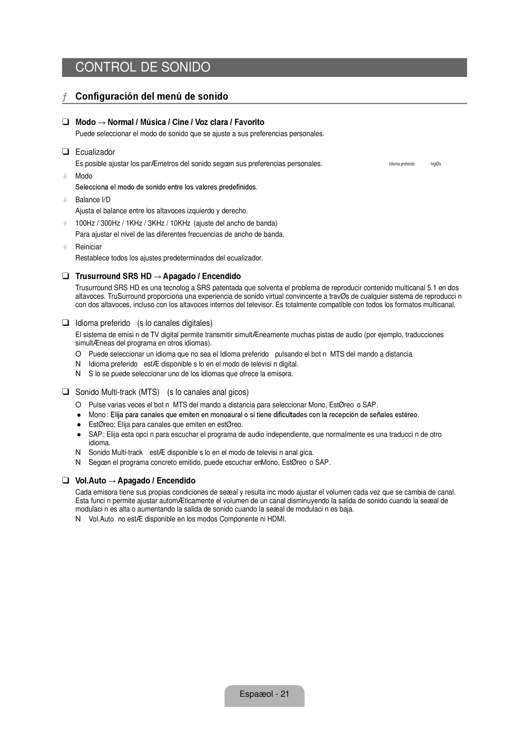 Samsung BN68 user manual Control de sonido, Configuración del menú de sonido 