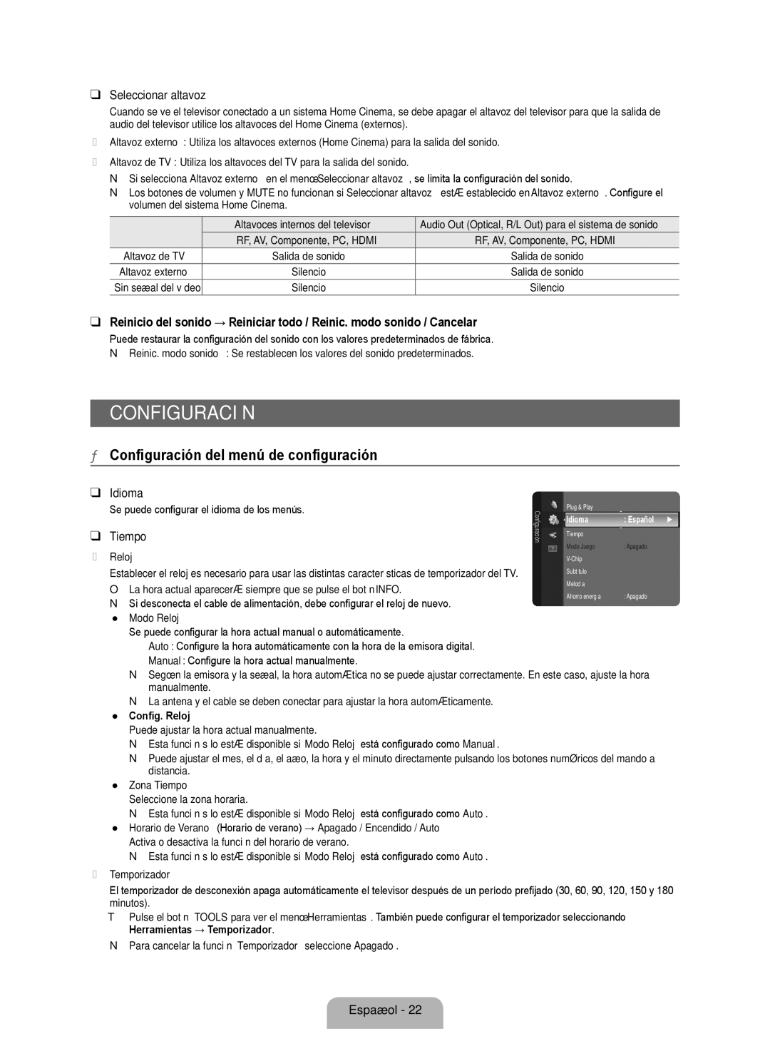 Samsung BN68 user manual Configuración del menú de configuración Idioma, Seleccionar altavoz, Tiempo 