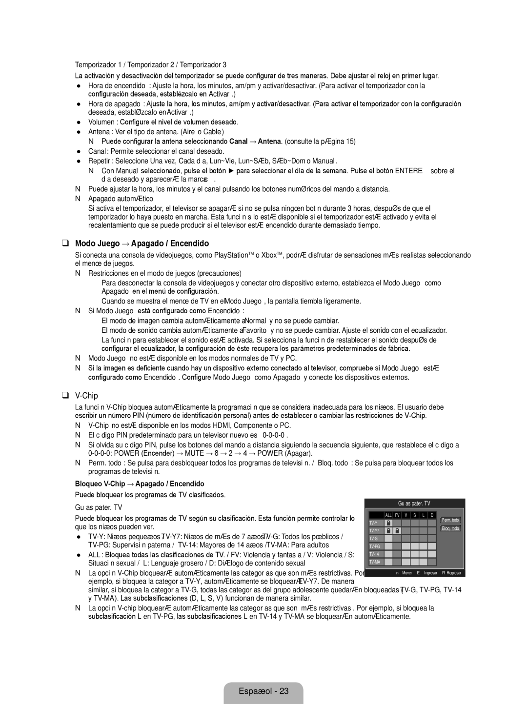 Samsung BN68 Modo Juego → Apagado / Encendido,  Temporizador 1 / Temporizador 2 / Temporizador, Apagado automático 