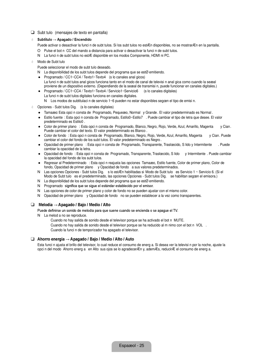 Samsung BN68 user manual Subtítulo mensajes de texto en pantalla, Melodía → Apagado / Bajo / Medio / Alto 