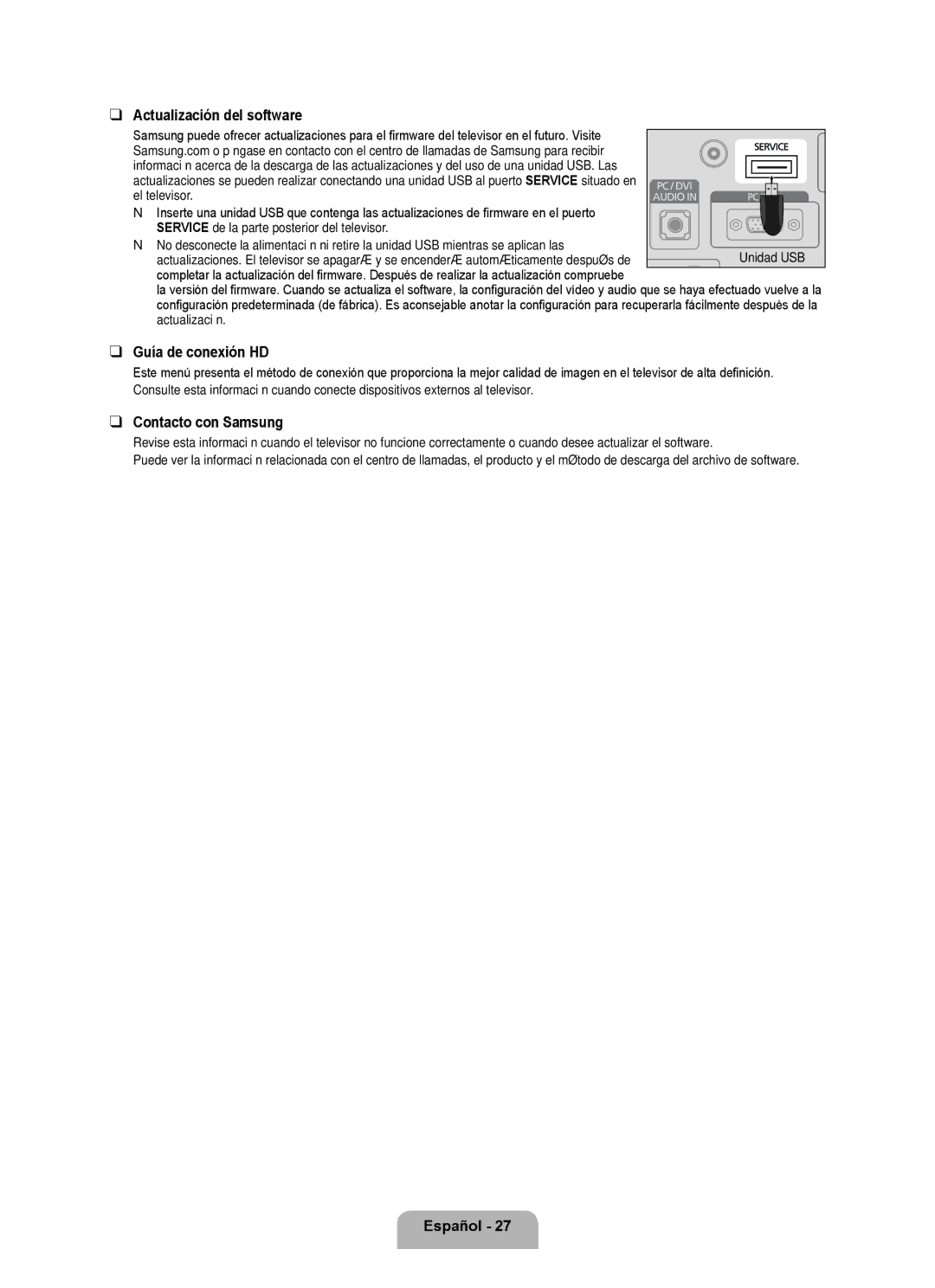 Samsung BN68 user manual Actualización del software, Guía de conexión HD, Contacto con Samsung 