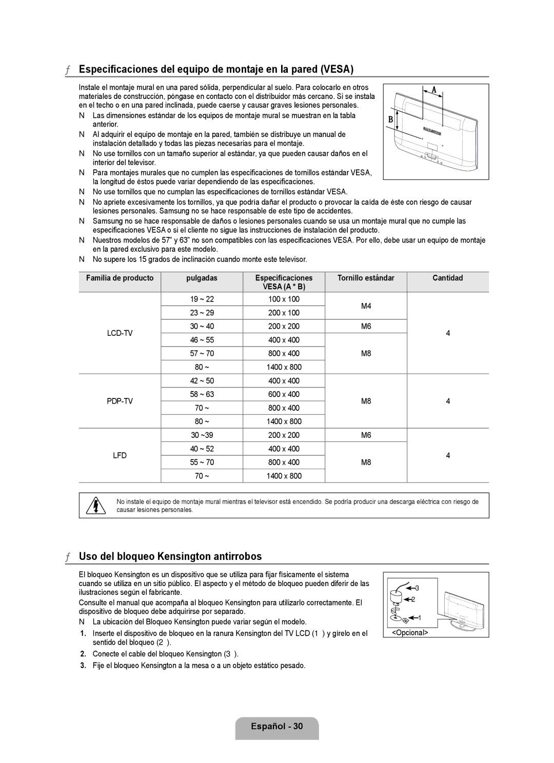 Samsung BN68 user manual Especificaciones del equipo de montaje en la pared Vesa, Uso del bloqueo Kensington antirrobos 