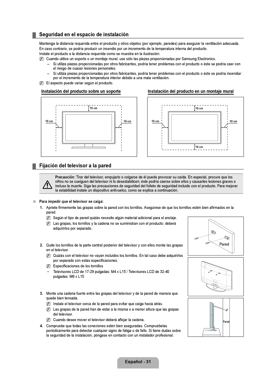 Samsung BN68 user manual Seguridad en el espacio de instalación, Fijación del televisor a la pared 