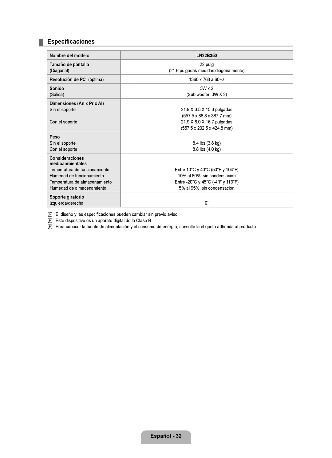 Samsung BN68 user manual Especificaciones 