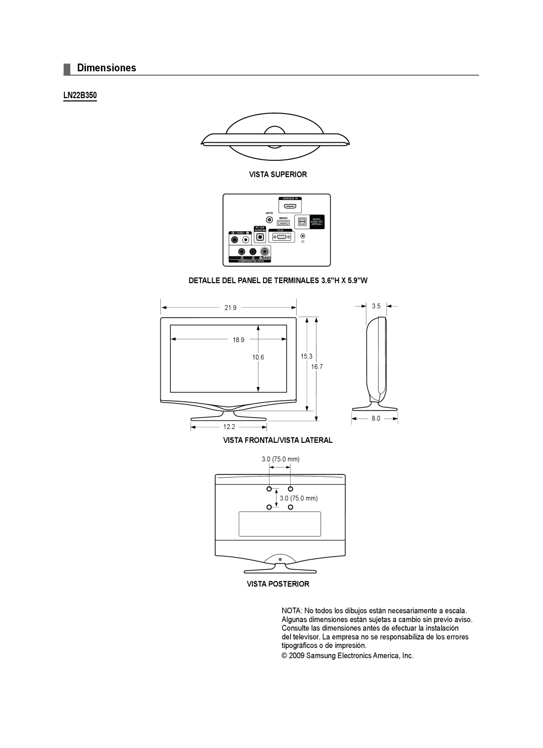 Samsung BN68 user manual Dimensiones, Vista Posterior 