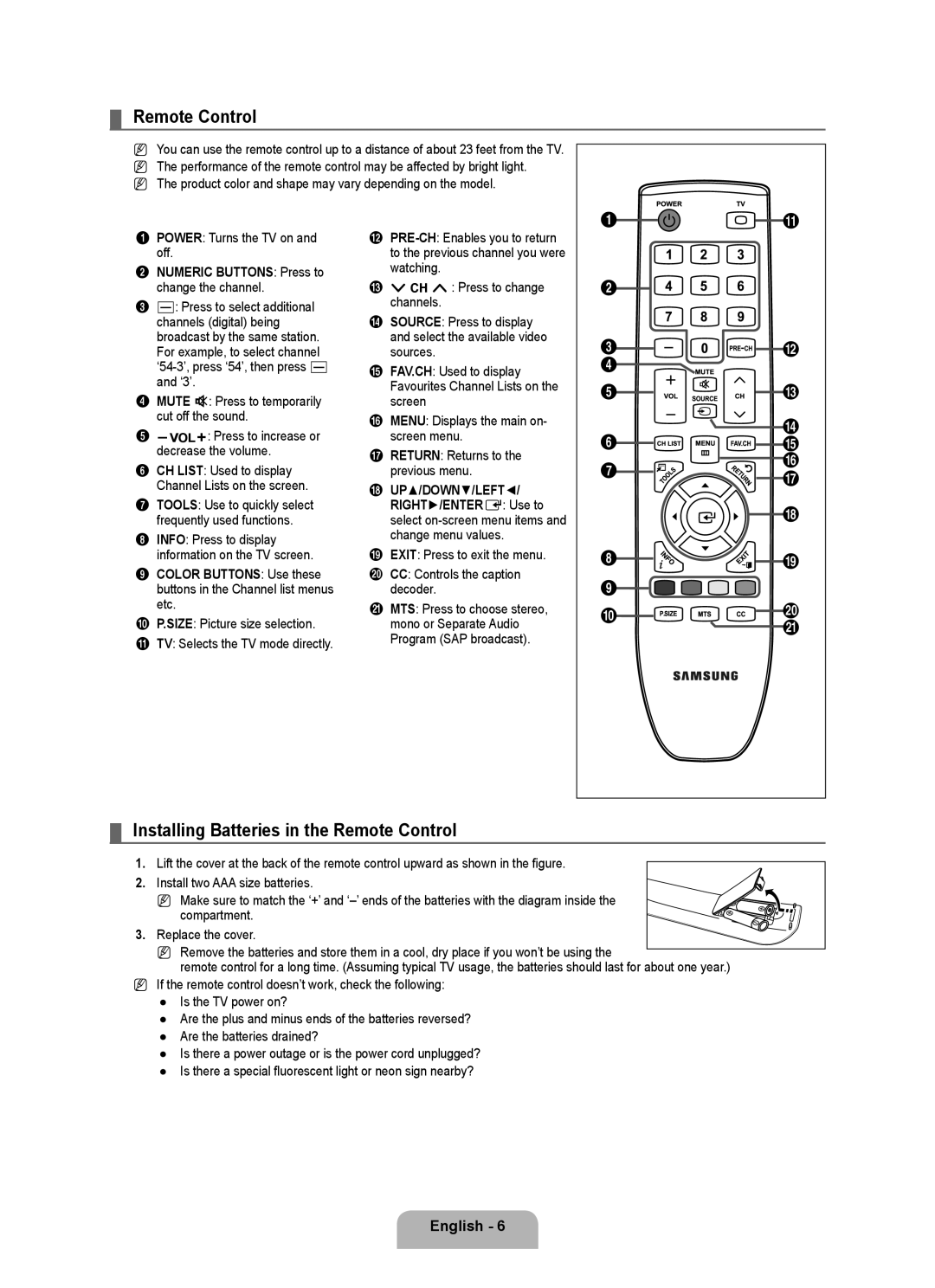 Samsung BN68 user manual Installing Batteries in the Remote Control, Numeric Buttons Press to change the channel 