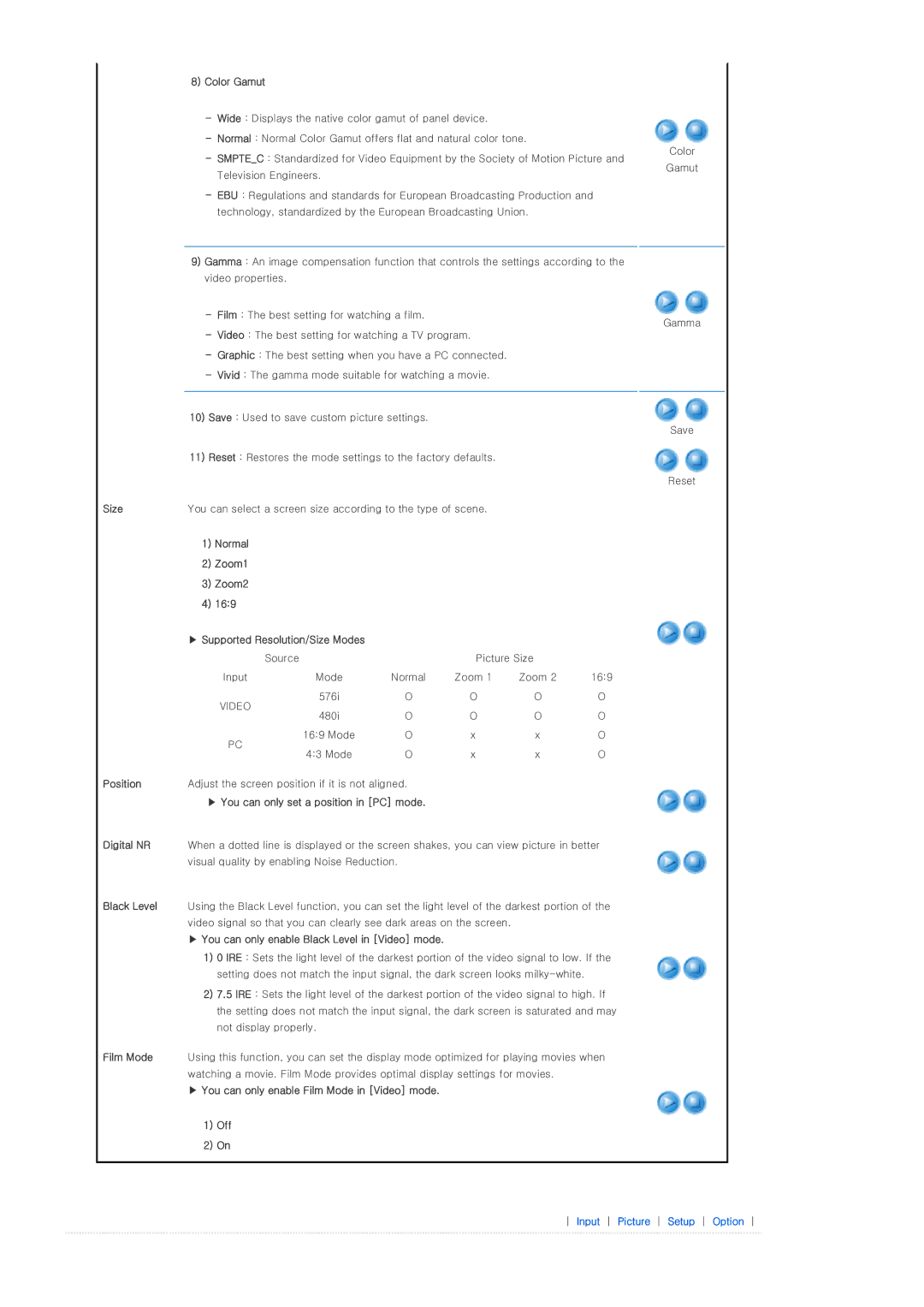 Samsung BP59-00092G-03, SP-P400 manual Color Gamut, Position, You can only set a position in PC mode Digital NR, Black Level 