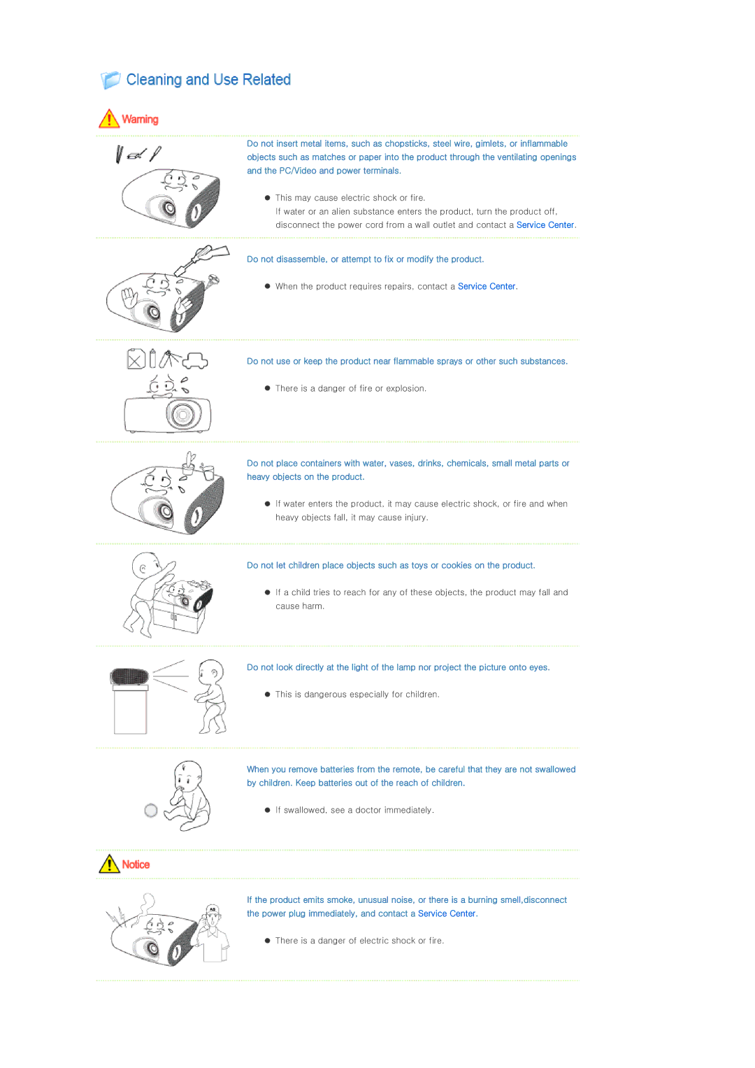 Samsung SP-P400, BP59-00092G-03 manual Do not disassemble, or attempt to fix or modify the product 