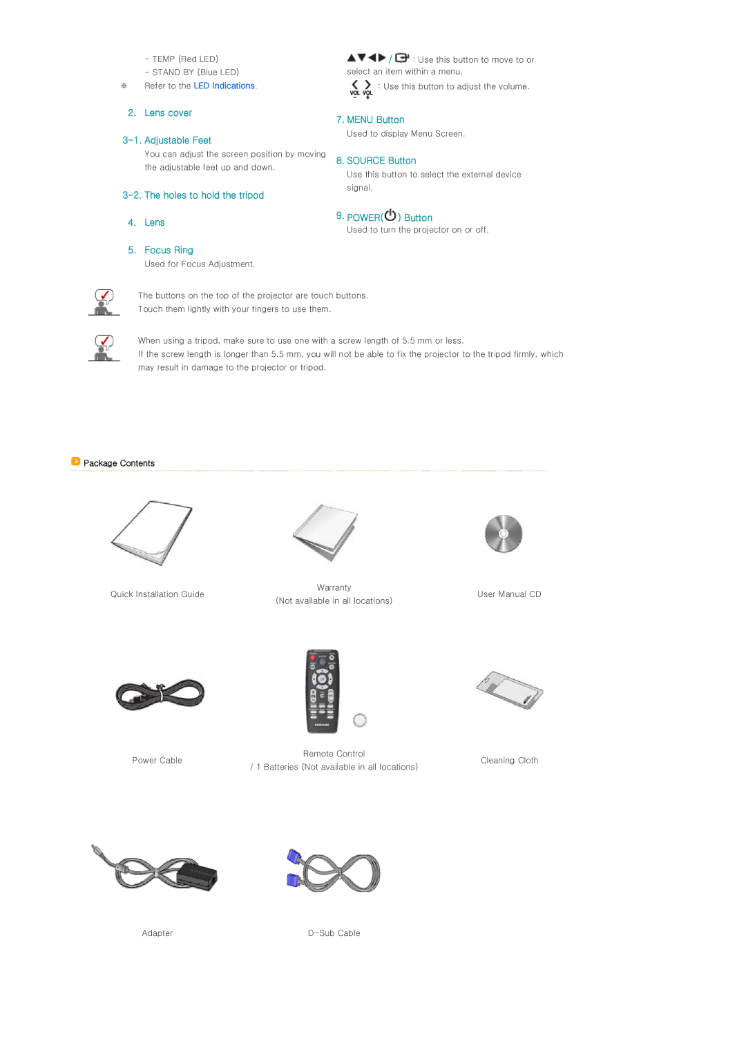 Samsung SP-P400, BP59-00092G-03 manual ※ Refer to the LED Indications, Package Contents 