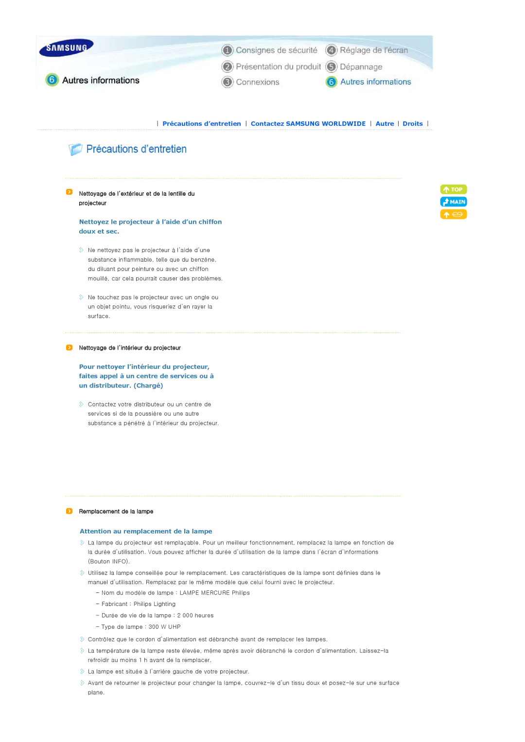 Samsung BP59-00131A-00 Nettoyage de l’extérieur et de la lentille du projecteur, Nettoyage de l’intérieur du projecteur 