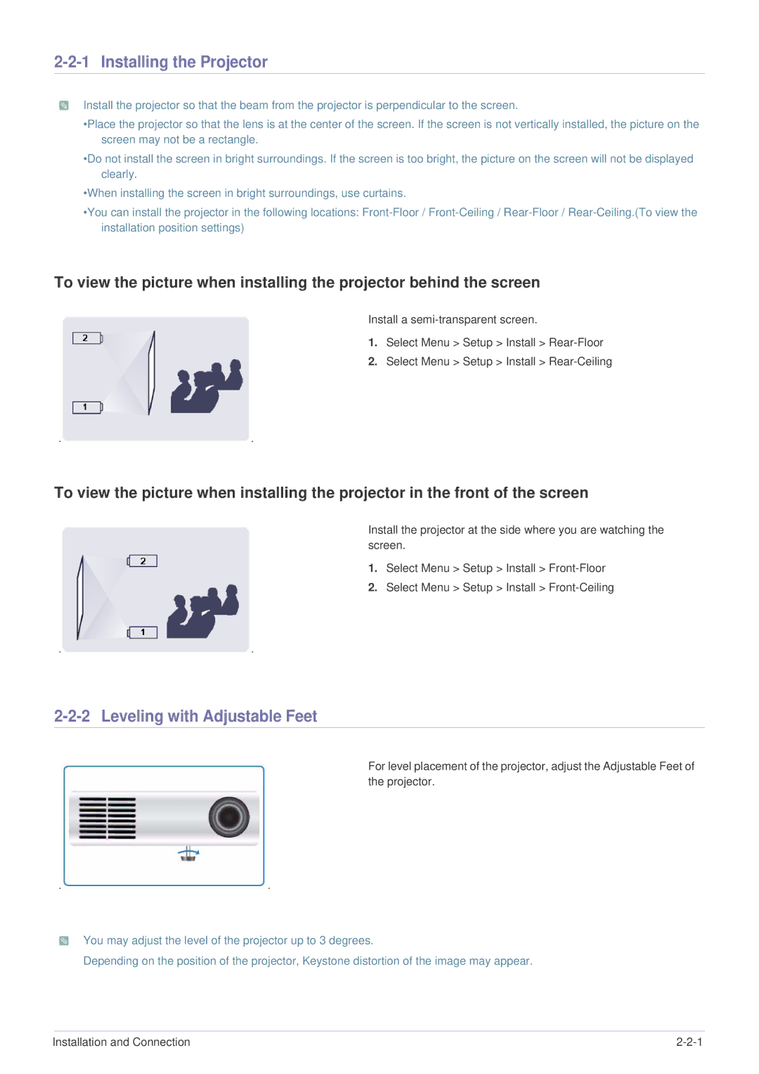 Samsung SP-U300M, BP59-00136C-02 manual Installing the Projector, Leveling with Adjustable Feet 