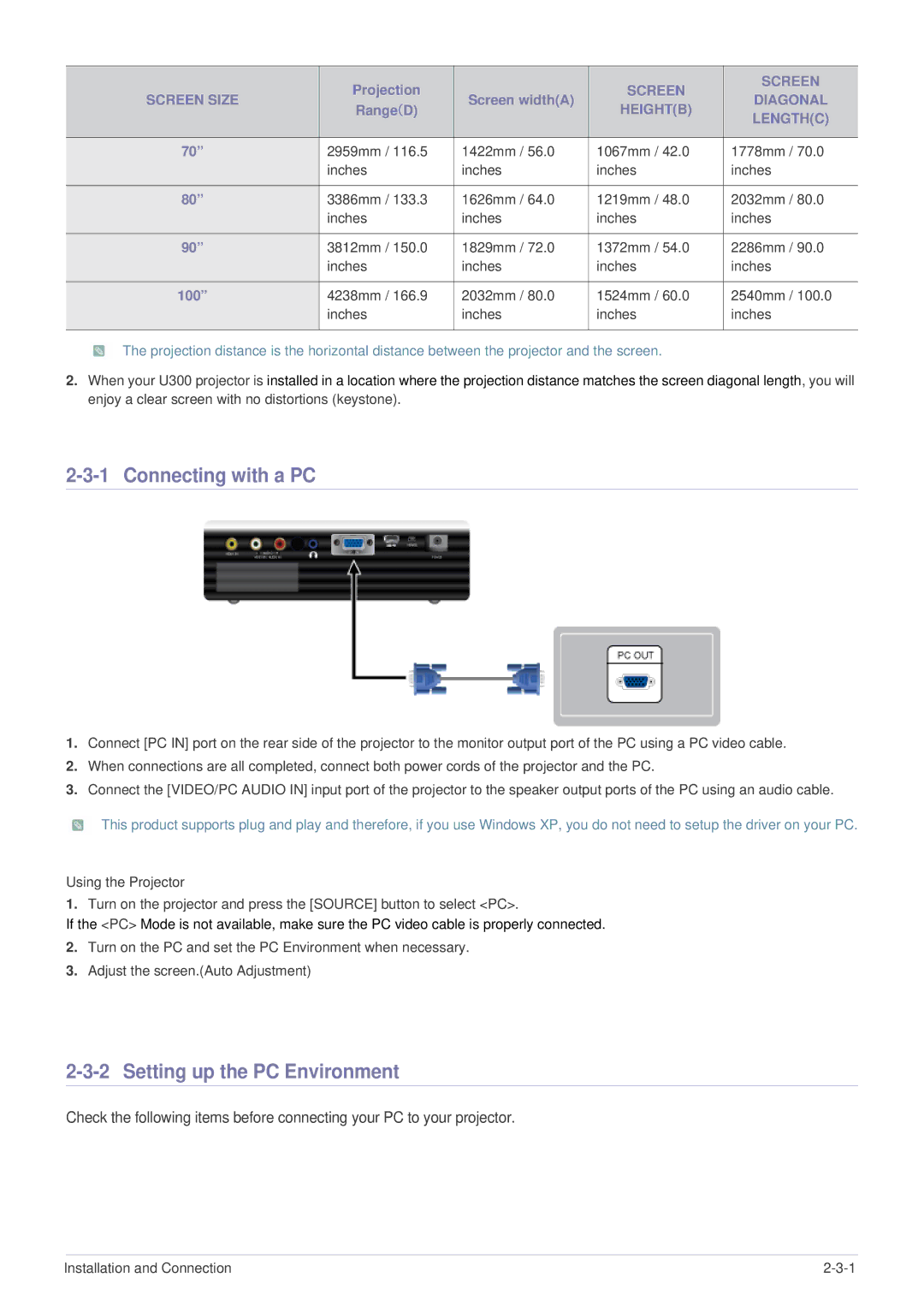 Samsung SP-U300M, BP59-00136C-02 manual Connecting with a PC, Setting up the PC Environment 