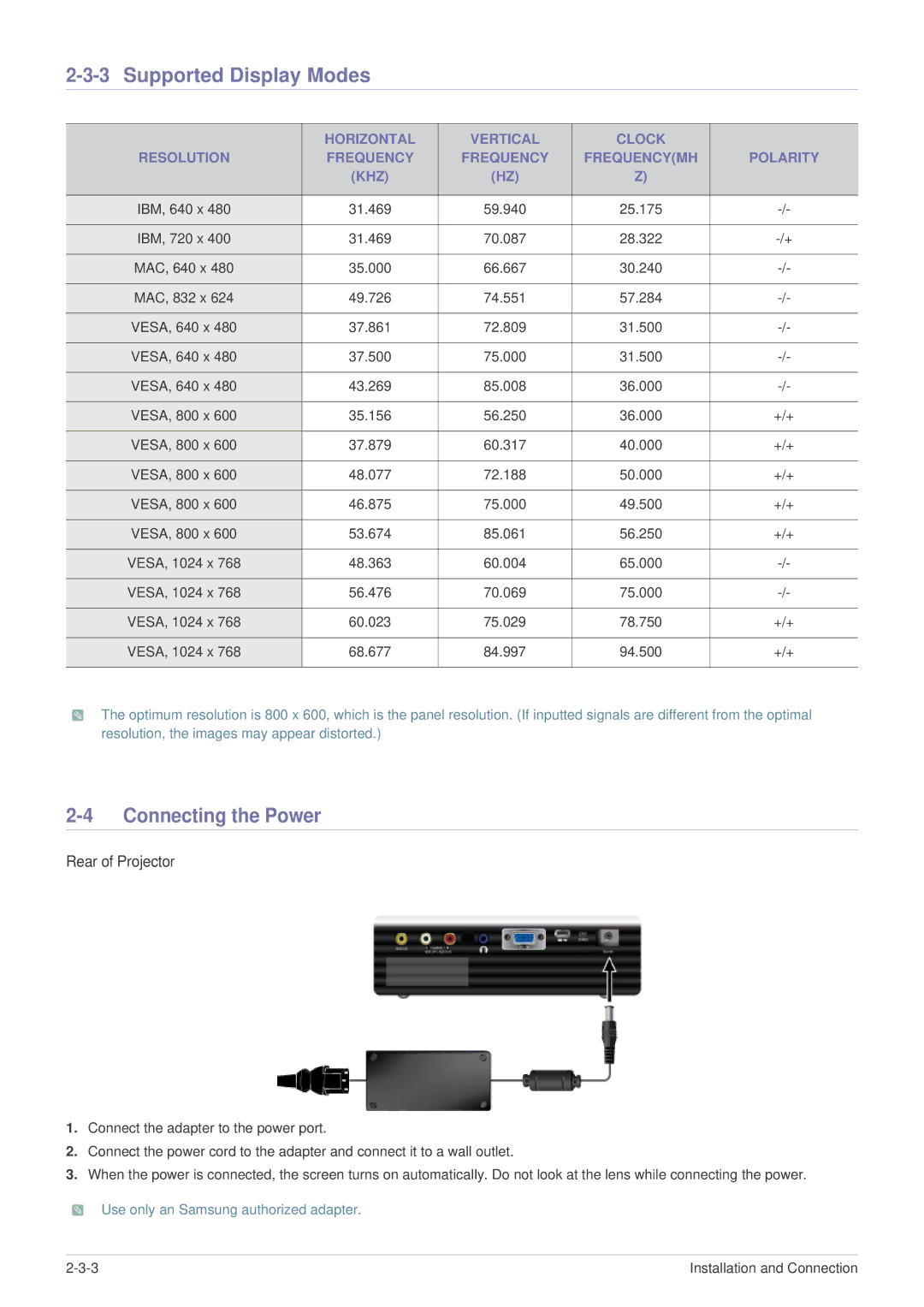 Samsung BP59-00136C-02, SP-U300M manual Supported Display Modes, Connecting the Power 