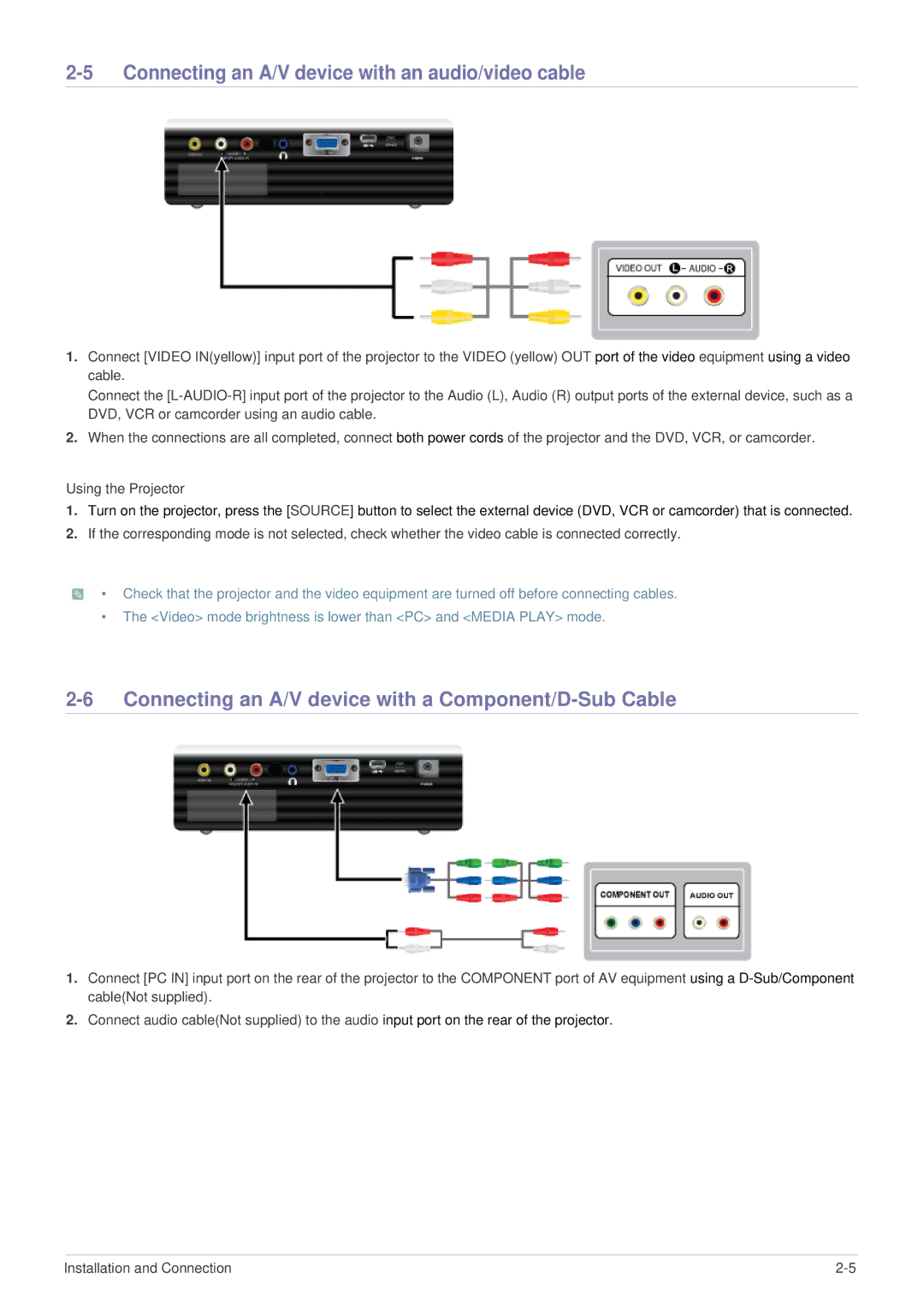 Samsung SP-U300M Connecting an A/V device with an audio/video cable, Connecting an A/V device with a Component/D-Sub Cable 