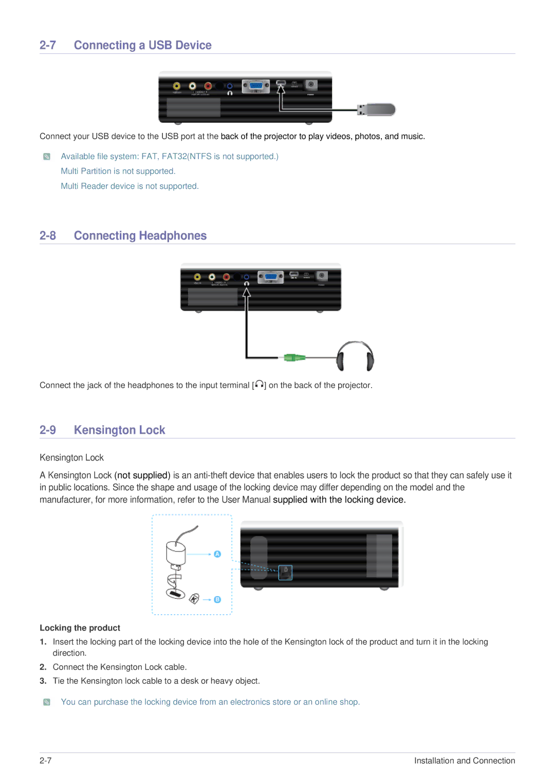 Samsung BP59-00136C-02, SP-U300M manual Connecting a USB Device, Connecting Headphones, Kensington Lock 