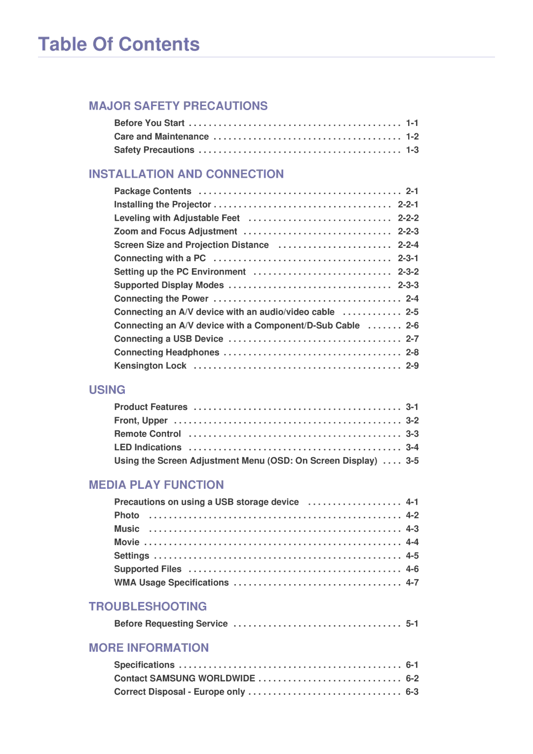 Samsung BP59-00136C-02, SP-U300M manual Table Of Contents 