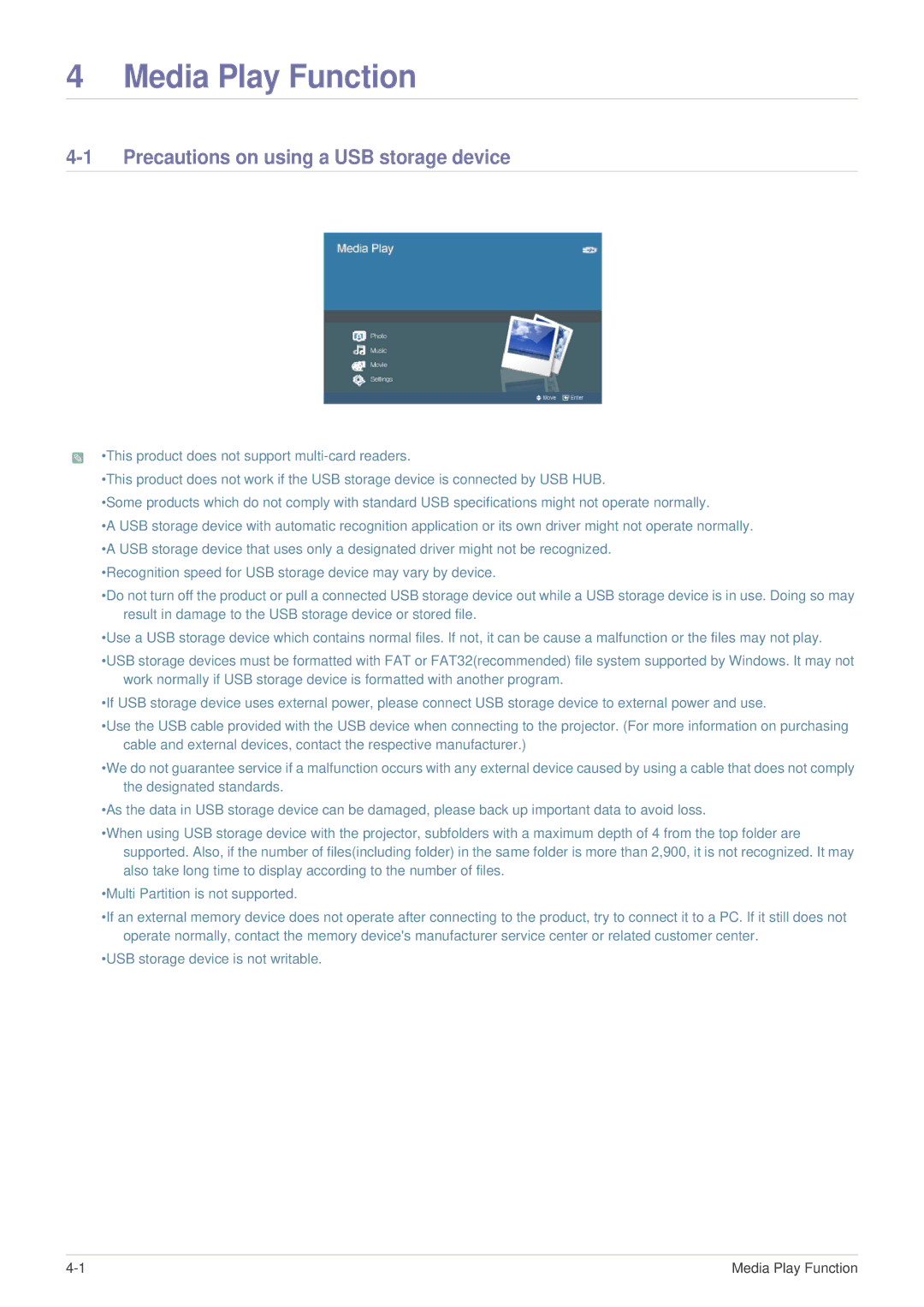 Samsung BP59-00136C-02, SP-U300M manual Media Play Function, Precautions on using a USB storage device 