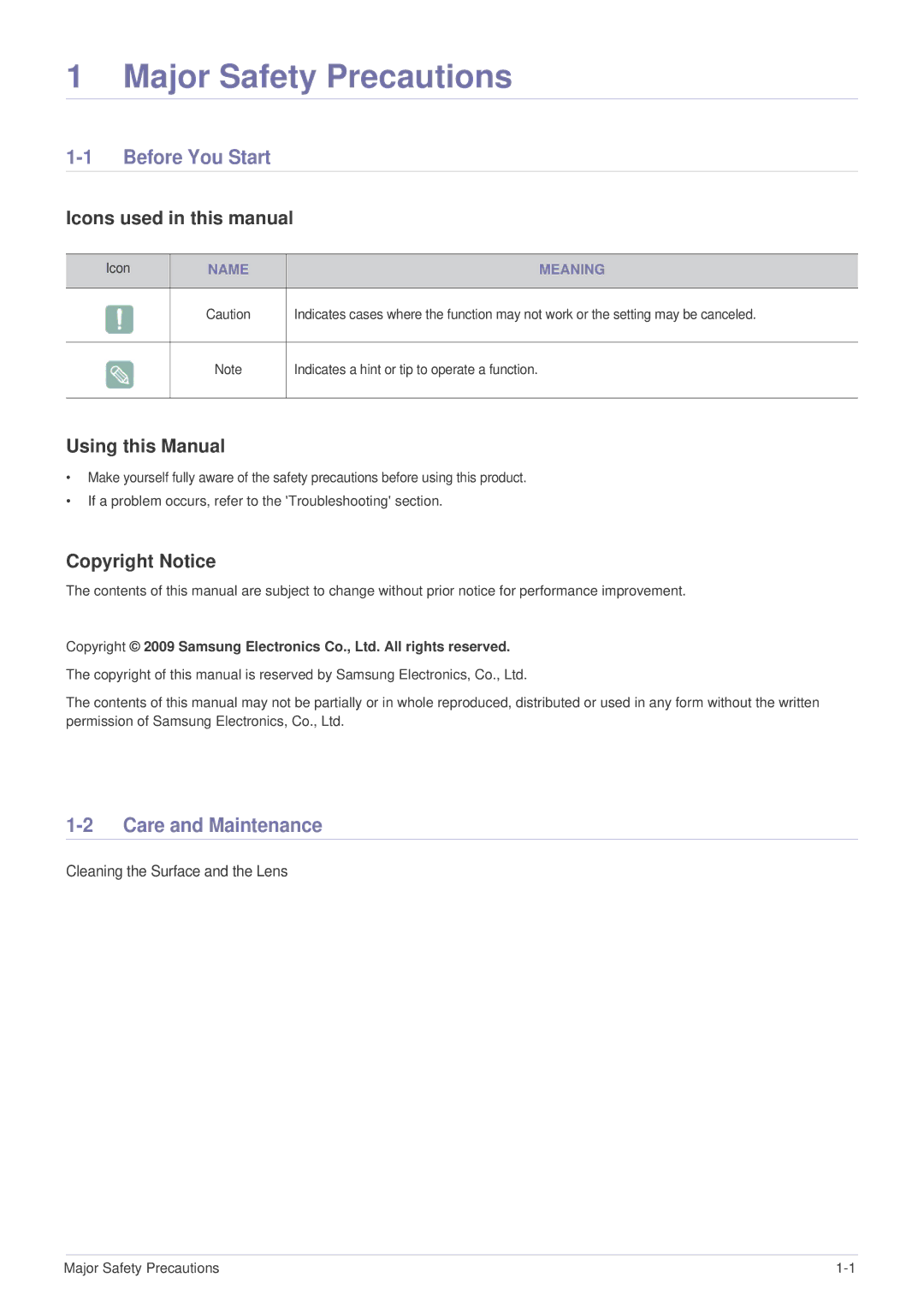 Samsung SP-U300M, BP59-00136C-02 manual Major Safety Precautions, Before You Start, Care and Maintenance 