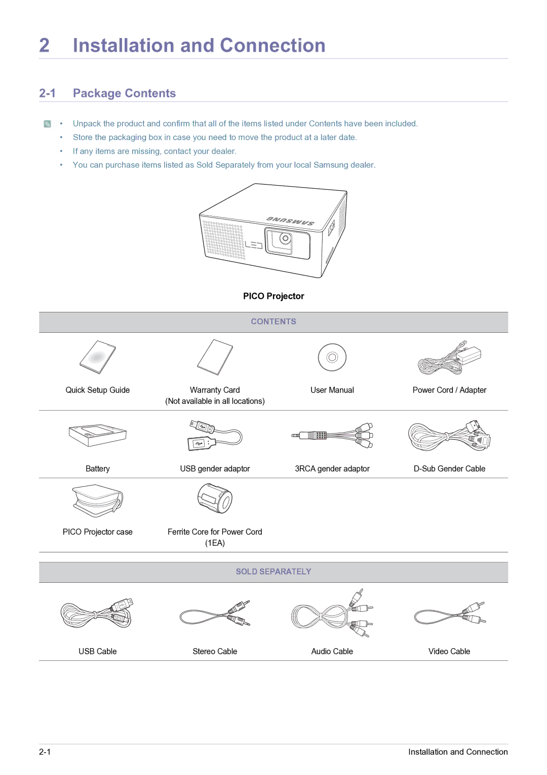 Samsung BP59-00143A-04 user manual Installation and Connection, Package Contents 