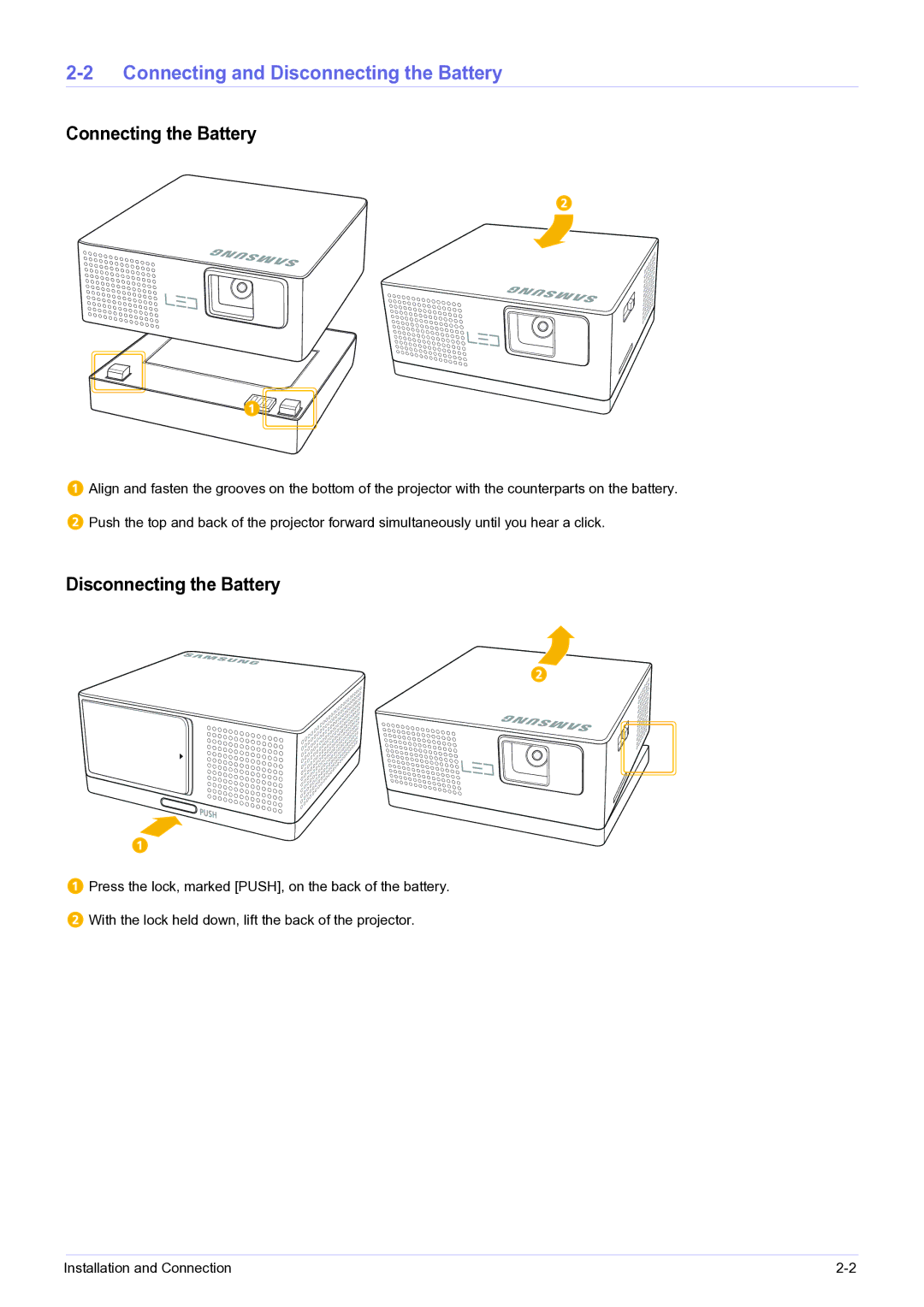 Samsung BP59-00143A-04 user manual Connecting and Disconnecting the Battery, Connecting the Battery 