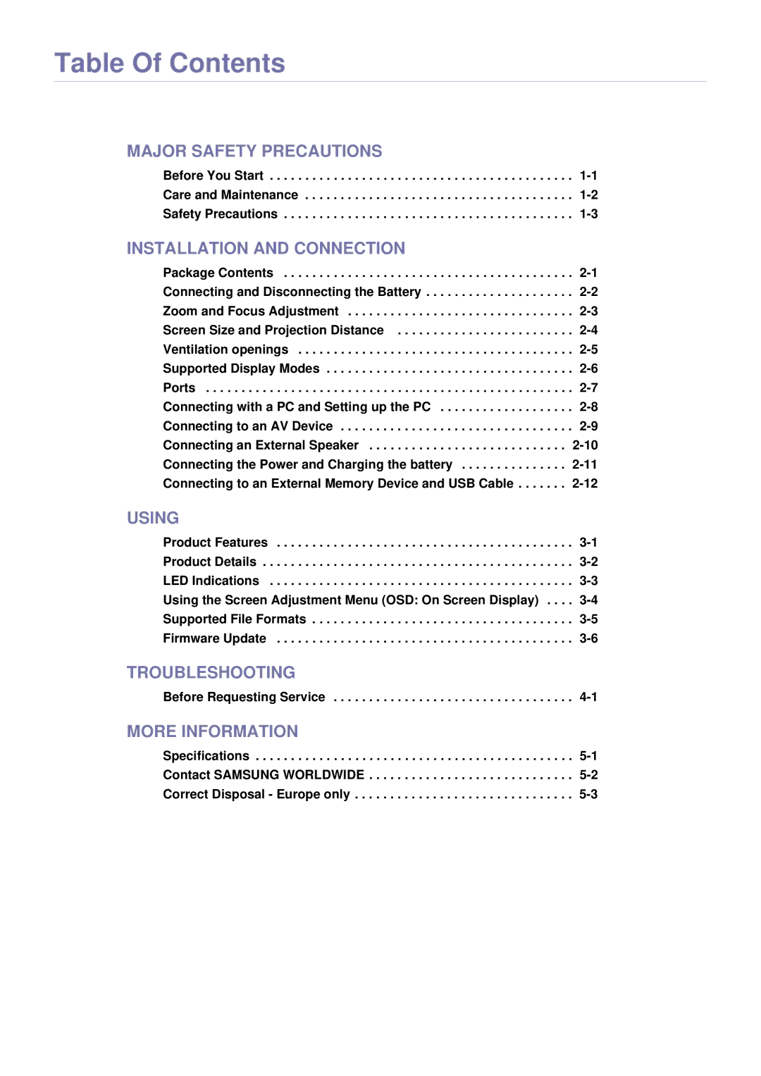 Samsung BP59-00143A-04 user manual Table Of Contents 