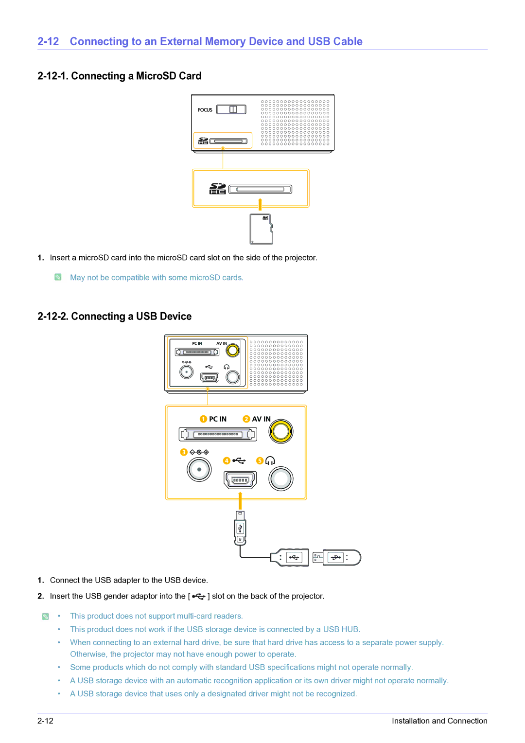 Samsung BP59-00143A-04 user manual Connecting to an External Memory Device and USB Cable, Connecting a MicroSD Card 