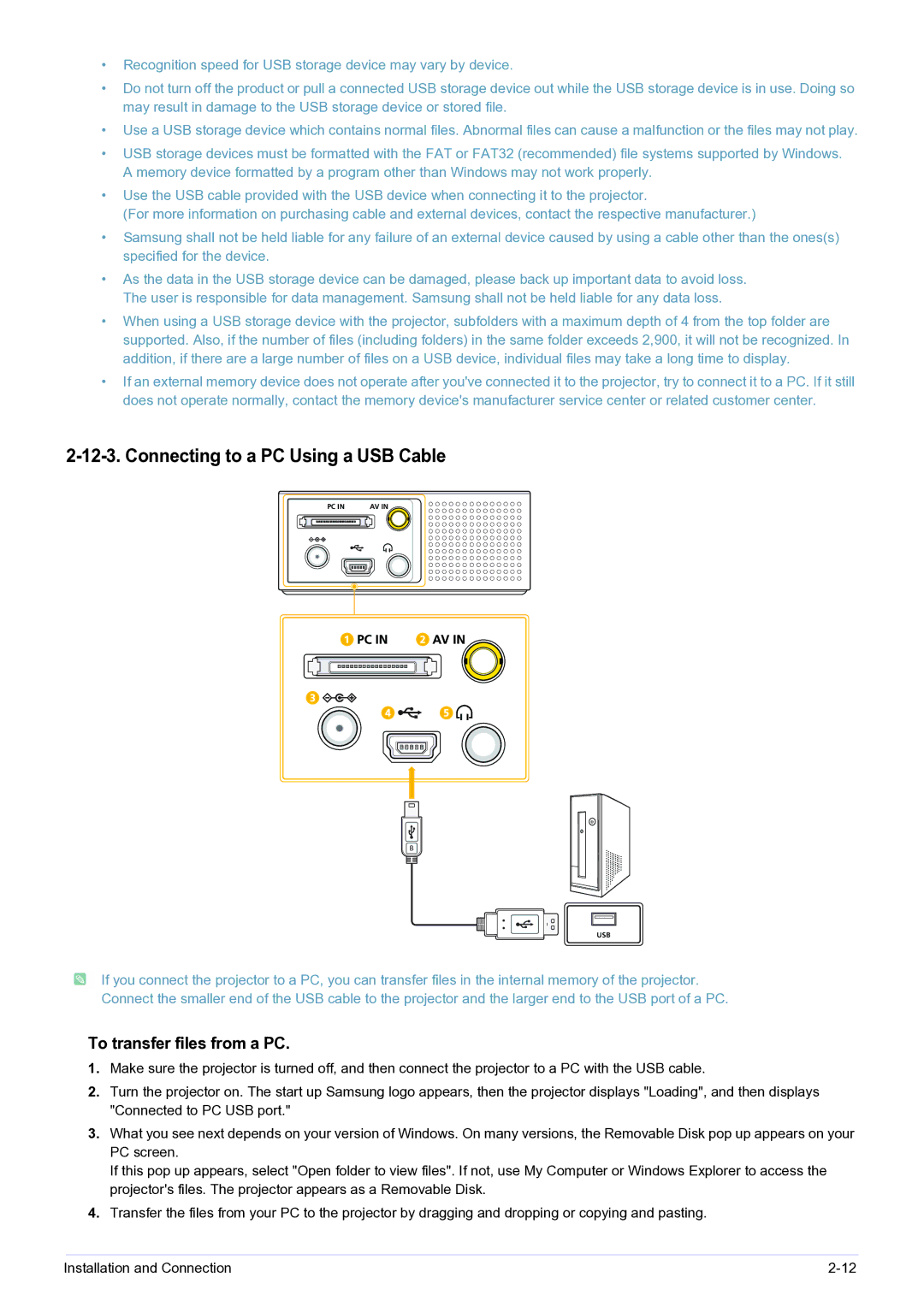 Samsung BP59-00143A-04 user manual Connecting to a PC Using a USB Cable, To transfer files from a PC 