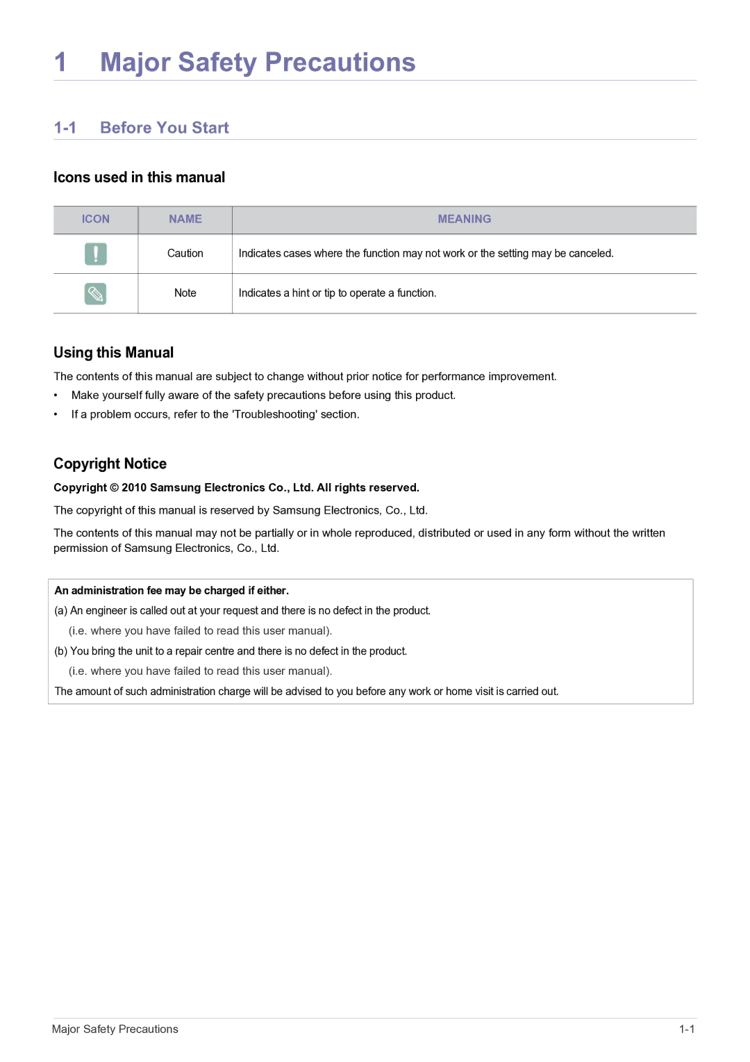 Samsung BP59-00143A-04 Before You Start, Icons used in this manual, Using this Manual, Copyright Notice, Icon Name Meaning 