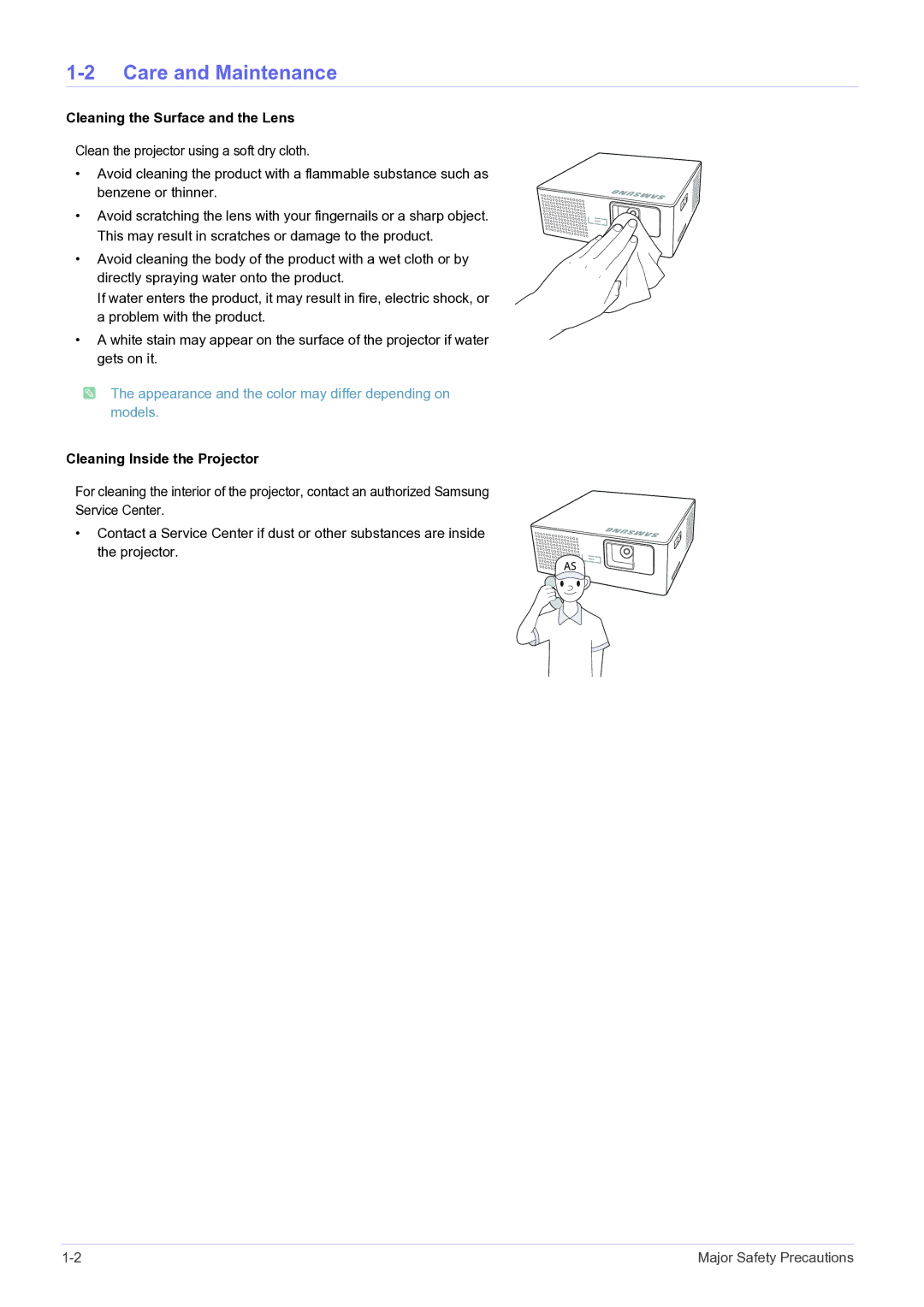 Samsung BP59-00143A-04 user manual Care and Maintenance, Cleaning the Surface and the Lens 