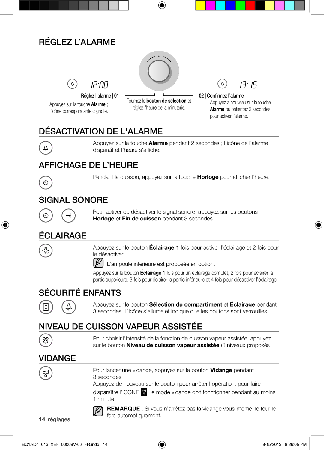 Samsung BQ1AD4T013/XEF Réglez L’ALARME, Désactivation DE Lalarme, Affichage DE L’HEURE, Signal Sonore, Éclairage, Vidange 