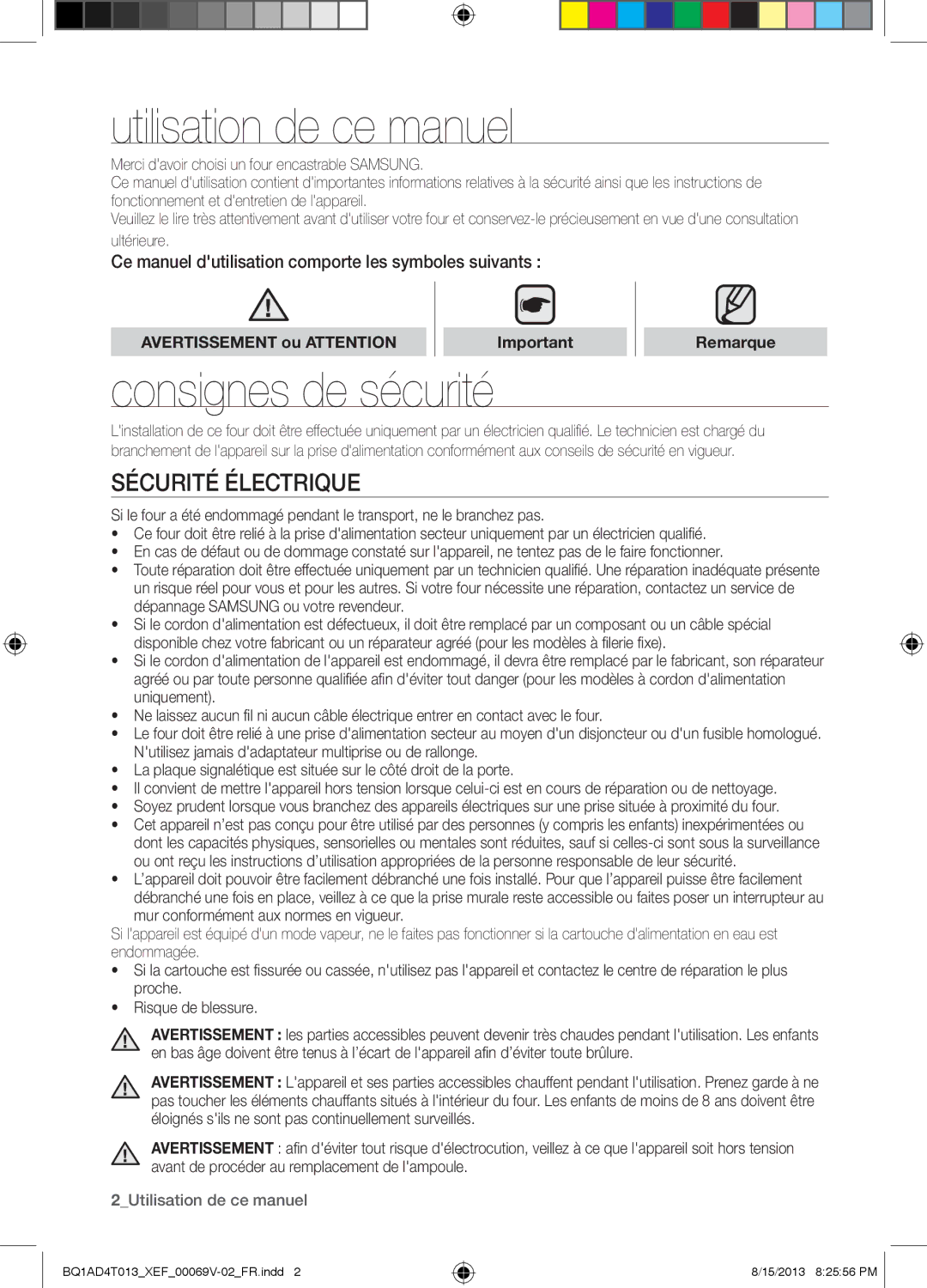 Samsung BQ1AD4T013/XEF Utilisation de ce manuel, Consignes de sécurité, Sécurité Électrique, Avertissement ou Attention 