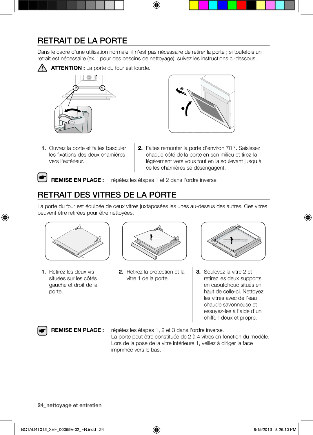 Samsung BQ1AD4T013/XEF manual Retrait DE LA Porte, Retrait DES Vitres DE LA Porte, Remise EN Place 