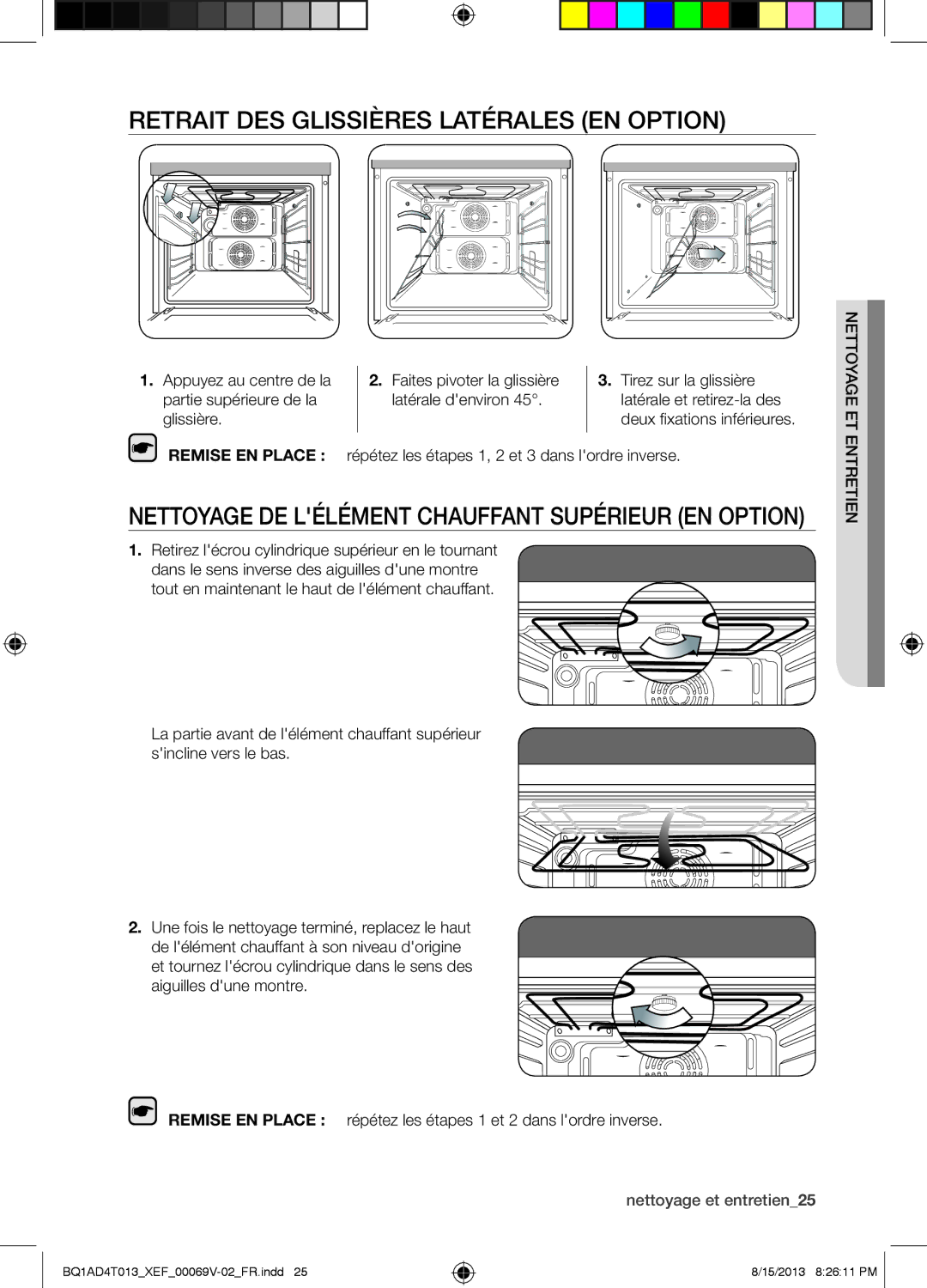 Samsung BQ1AD4T013/XEF manual Retrait DES Glissières Latérales EN Option, Répétez les étapes 1, 2 et 3 dans lordre inverse 