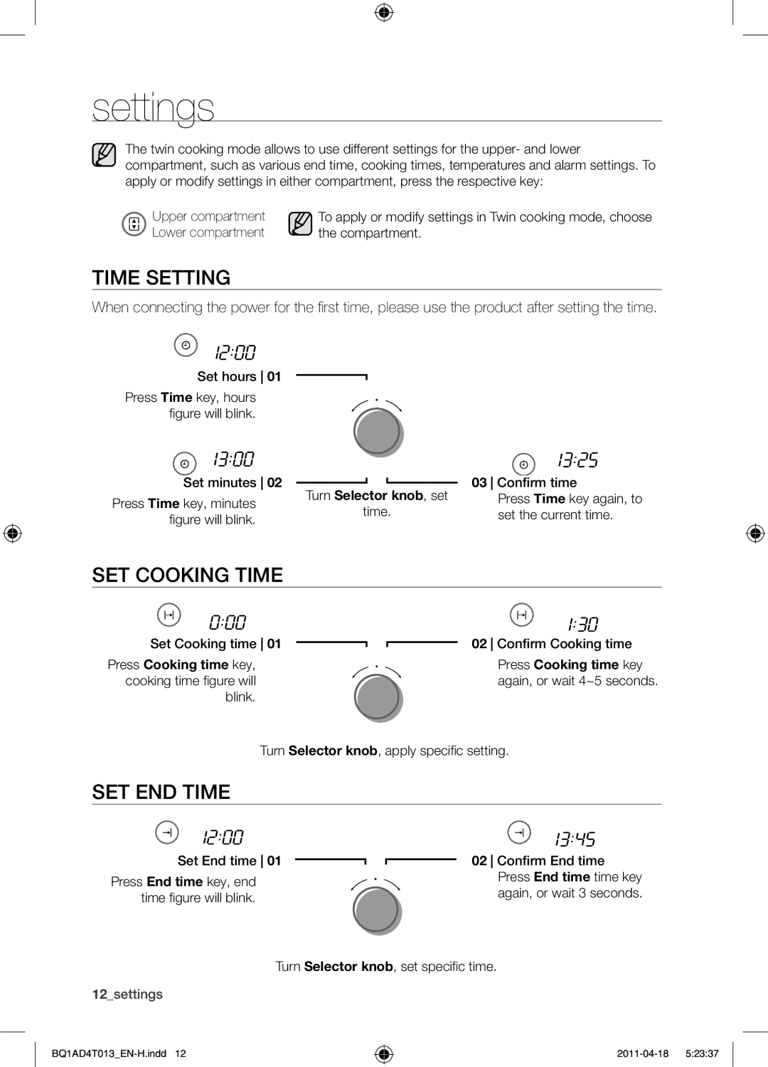 Samsung BQ1AD4T013/XEF manual Settings, Time setting, Set cooking time, Set end time, Press Cooking time key 