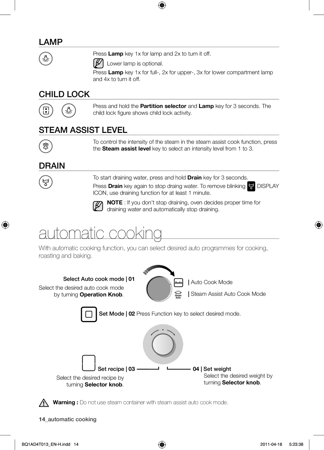 Samsung BQ1AD4T013/XEF manual Automatic cooking, Lamp, Child lock, Steam assist level, Drain 