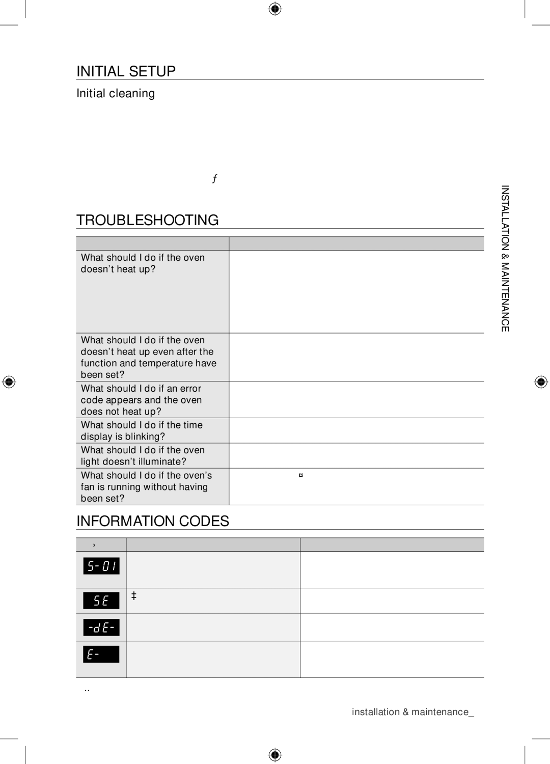 Samsung BQ1AD4T013/XEF manual Initial setup, Troubleshooting, Information codes, Initial cleaning 