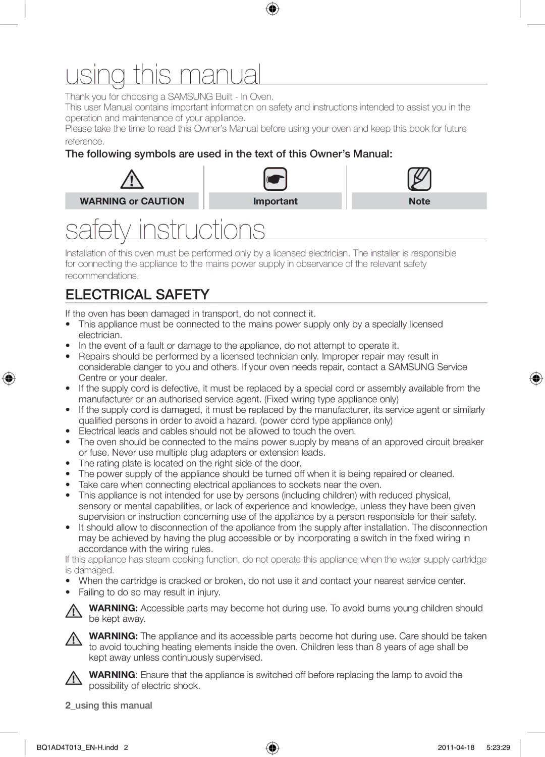 Samsung BQ1AD4T013/XEF Using this manual, Safety instructions, Electrical safety 