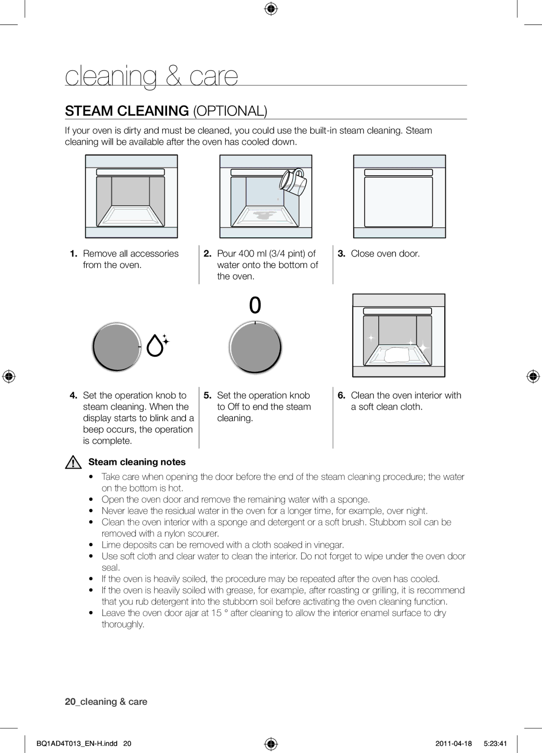 Samsung BQ1AD4T013/XEF manual Cleaning & care, Steam cleaning Optional, Steam cleaning notes 