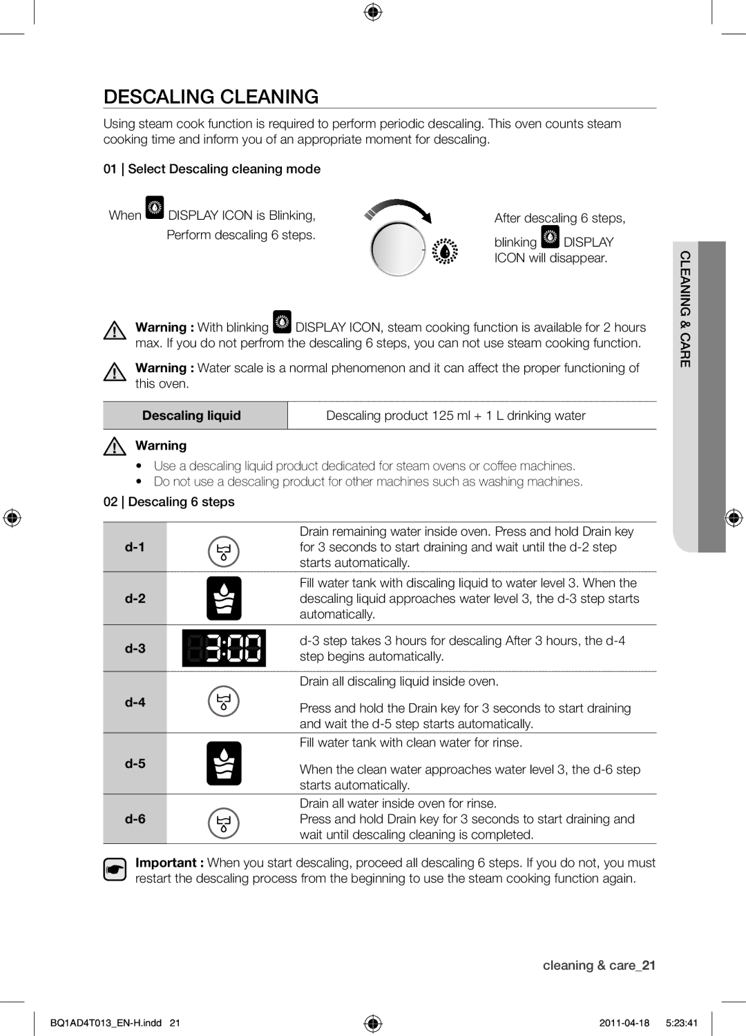 Samsung BQ1AD4T013/XEF manual Descaling cleaning, Wait until descaling cleaning is completed 