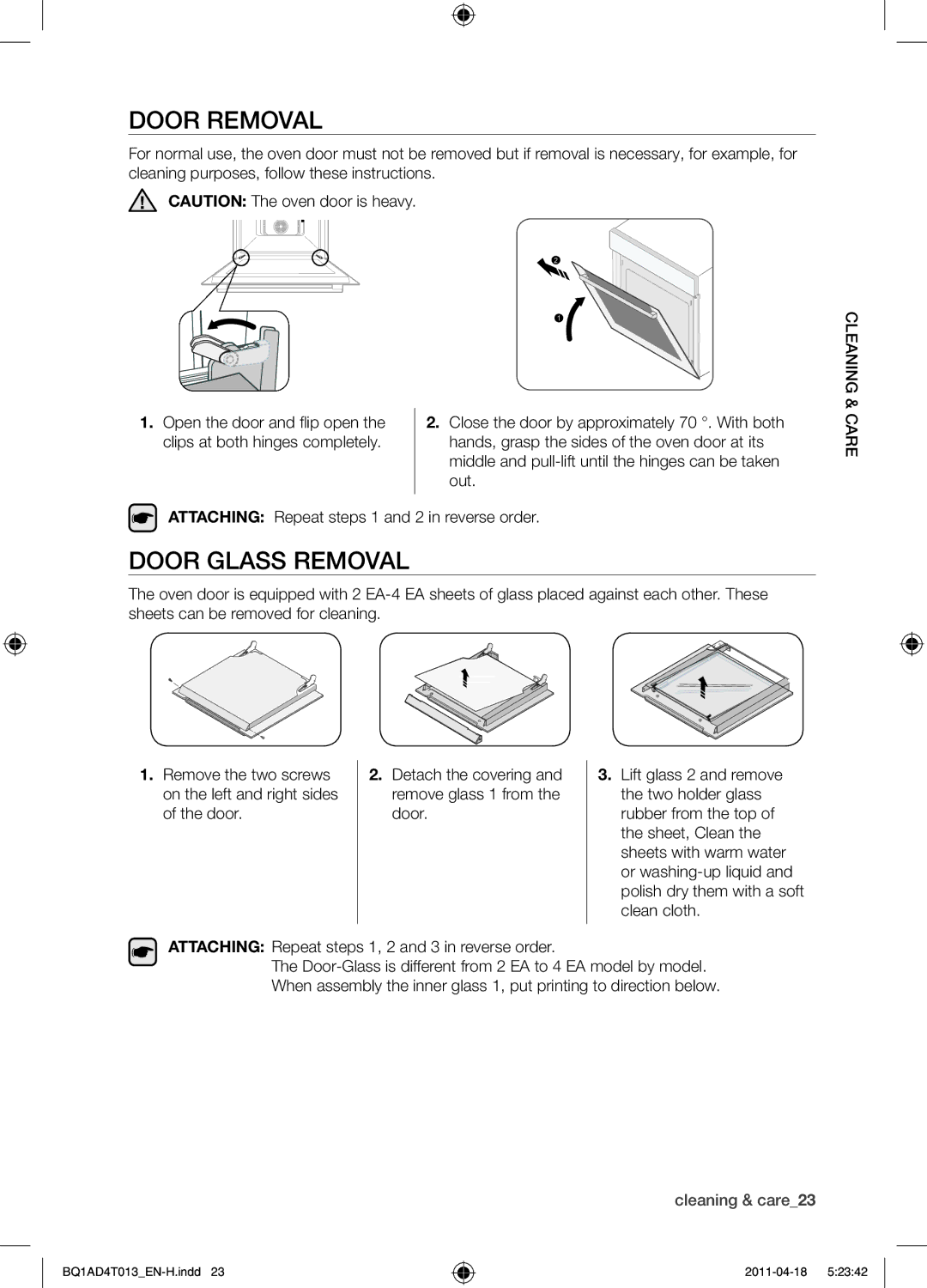 Samsung BQ1AD4T013/XEF manual Door removal, Door glass removal 