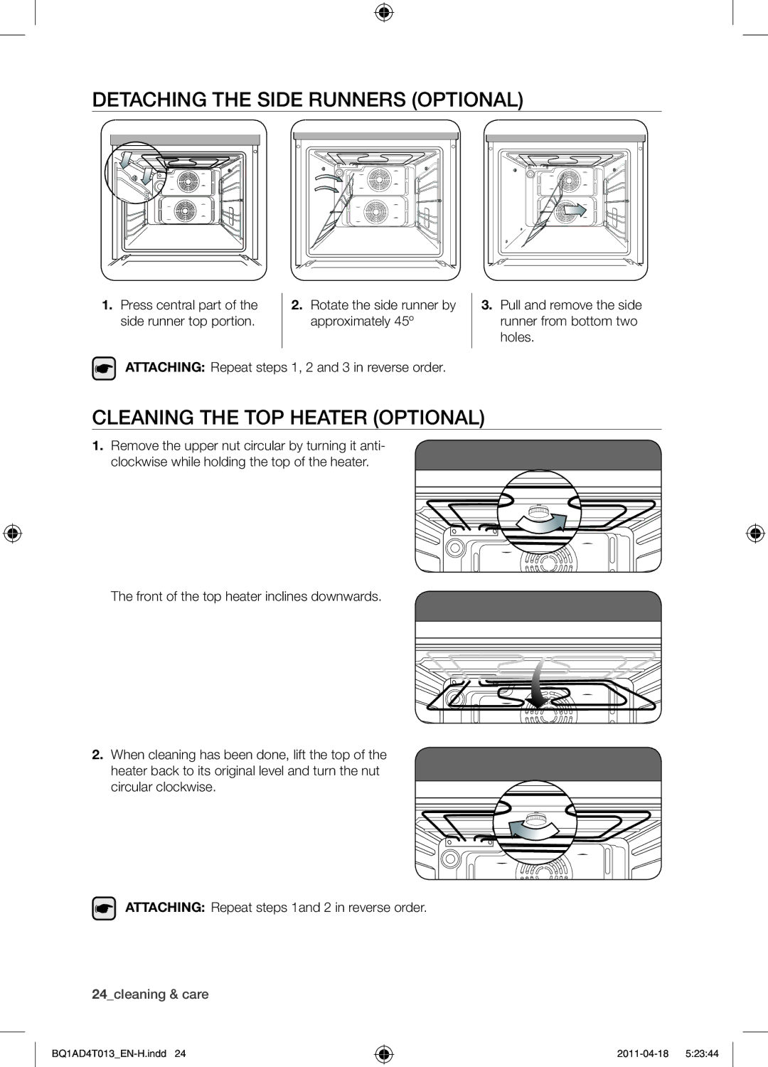 Samsung BQ1AD4T013/XEF manual Detaching the side runners Optional, Cleaning the top heater Optional 