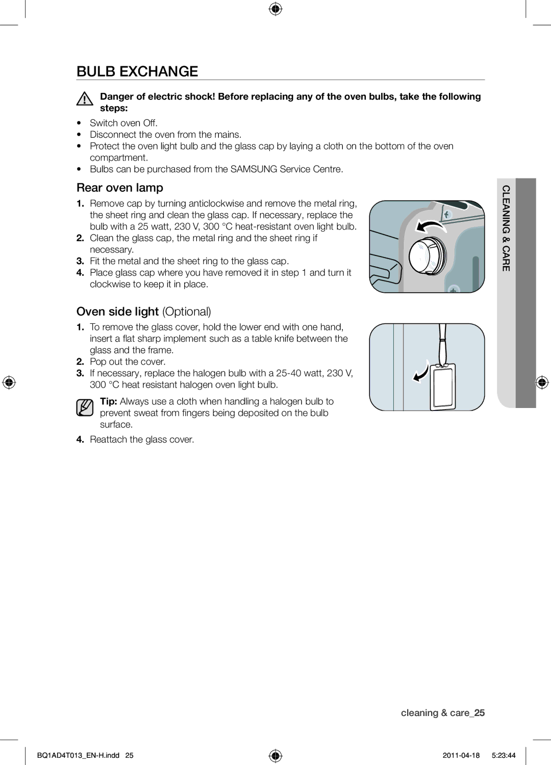 Samsung BQ1AD4T013/XEF manual Bulb exchange, Rear oven lamp, Oven side light Optional 