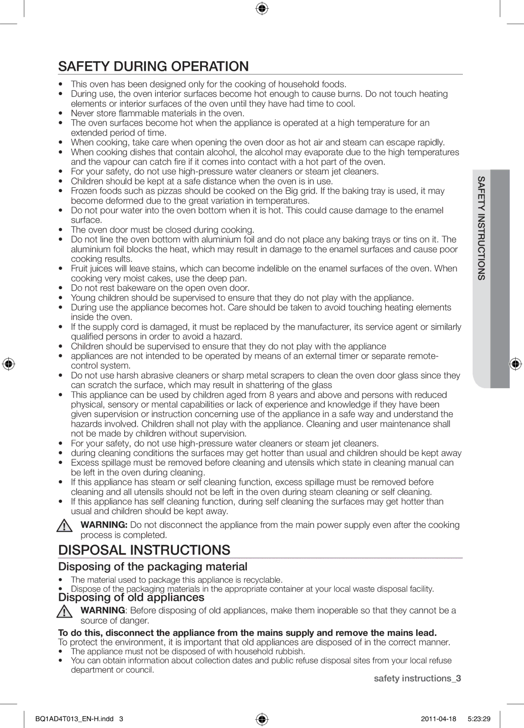 Samsung BQ1AD4T013/XEF manual Safety during operation, Disposal Instructions, Disposing of the packaging material 