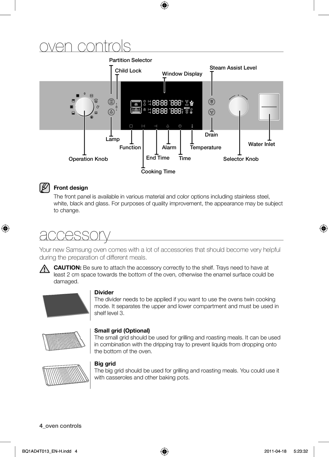 Samsung BQ1AD4T013/XEF manual Oven controls, Accessory 