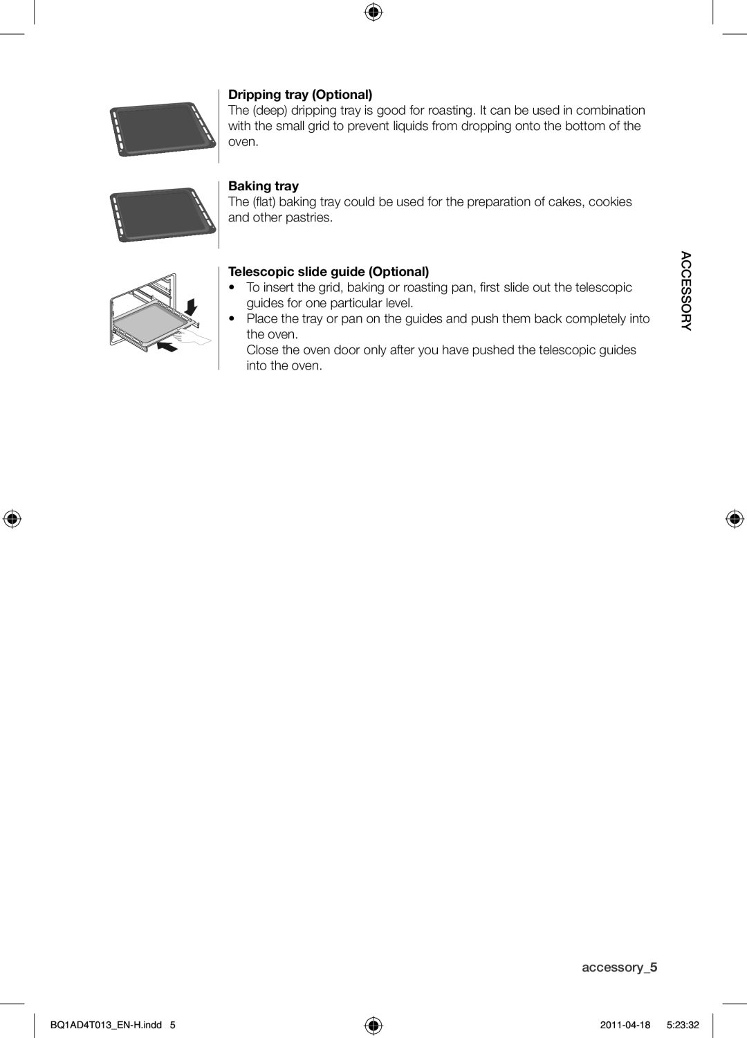 Samsung BQ1AD4T013/XEF manual Dripping tray Optional, Baking tray, Telescopic slide guide Optional 