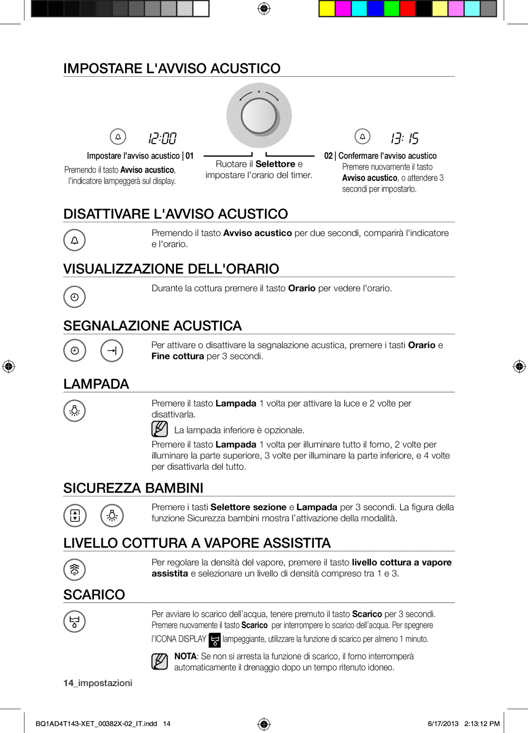 Samsung BQ1AD4T143/XET manual Impostare Lavviso Acustico, Disattivare Lavviso Acustico, Visualizzazione Dellorario, Lampada 