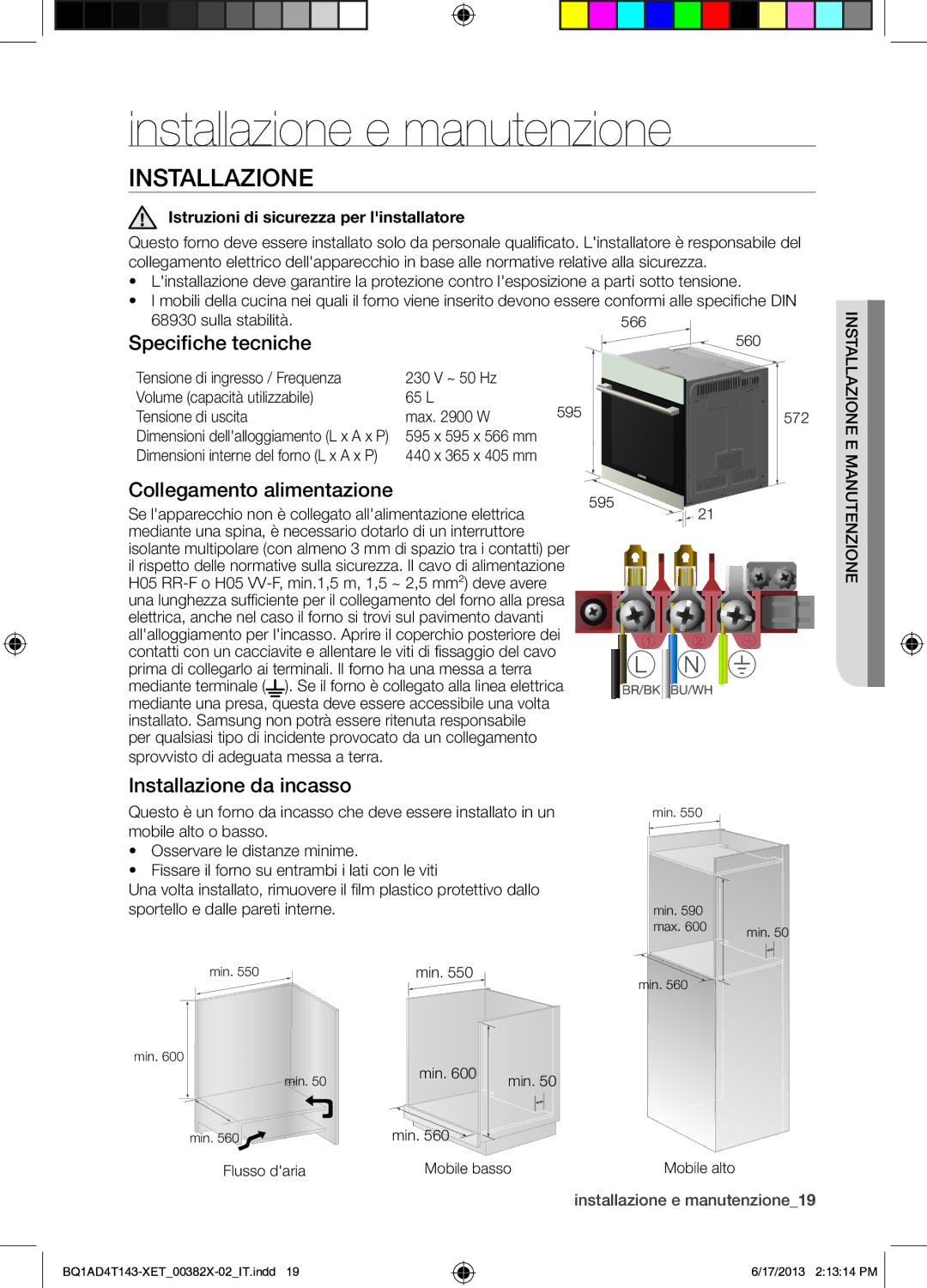 Samsung BQ1AD4T143/XET manual Installazione e manutenzione, Specifiche tecniche, Collegamento alimentazione 