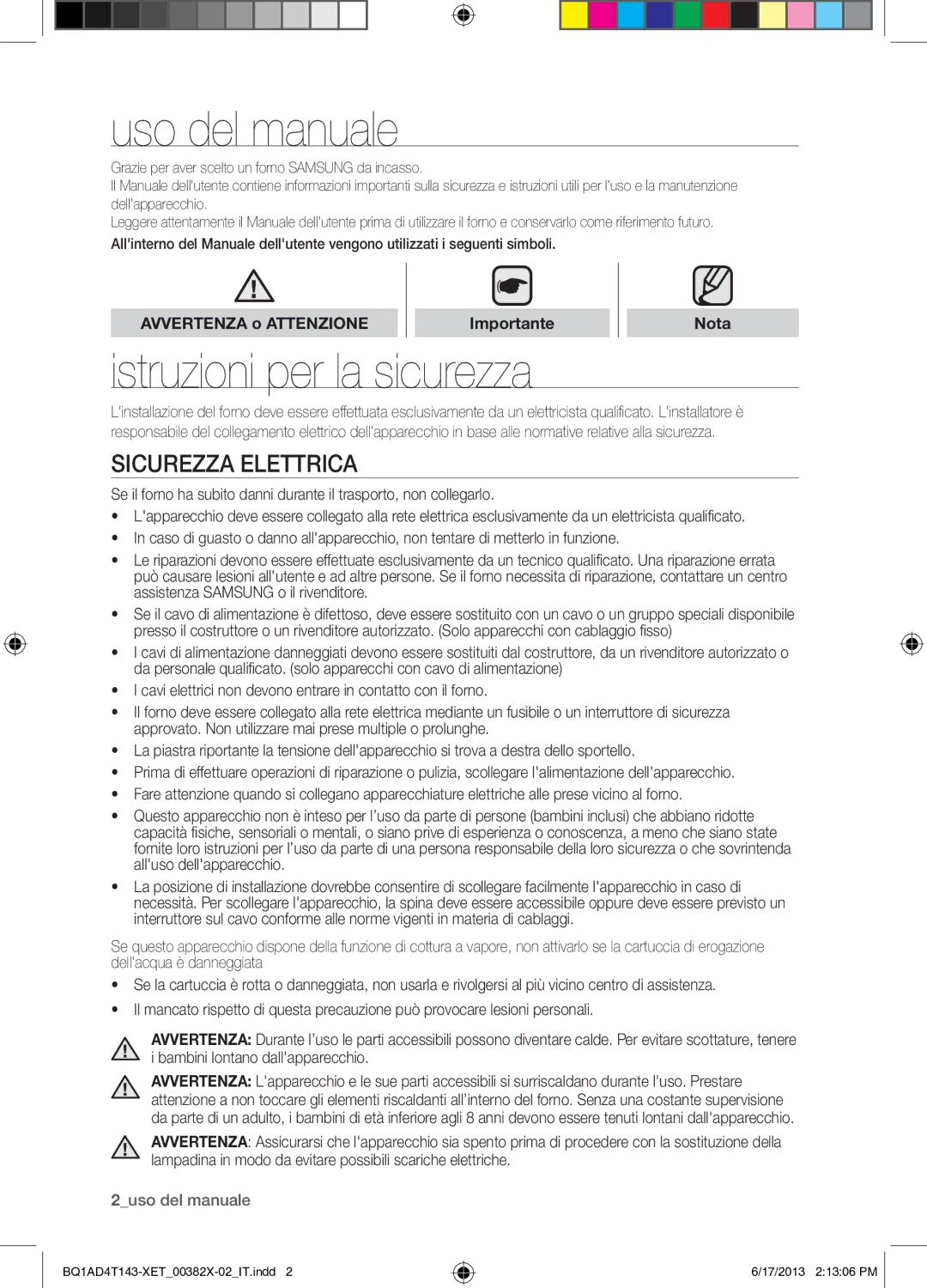 Samsung BQ1AD4T143/XET Uso del manuale, Istruzioni per la sicurezza, Sicurezza Elettrica, Avvertenza o Attenzione, Nota 