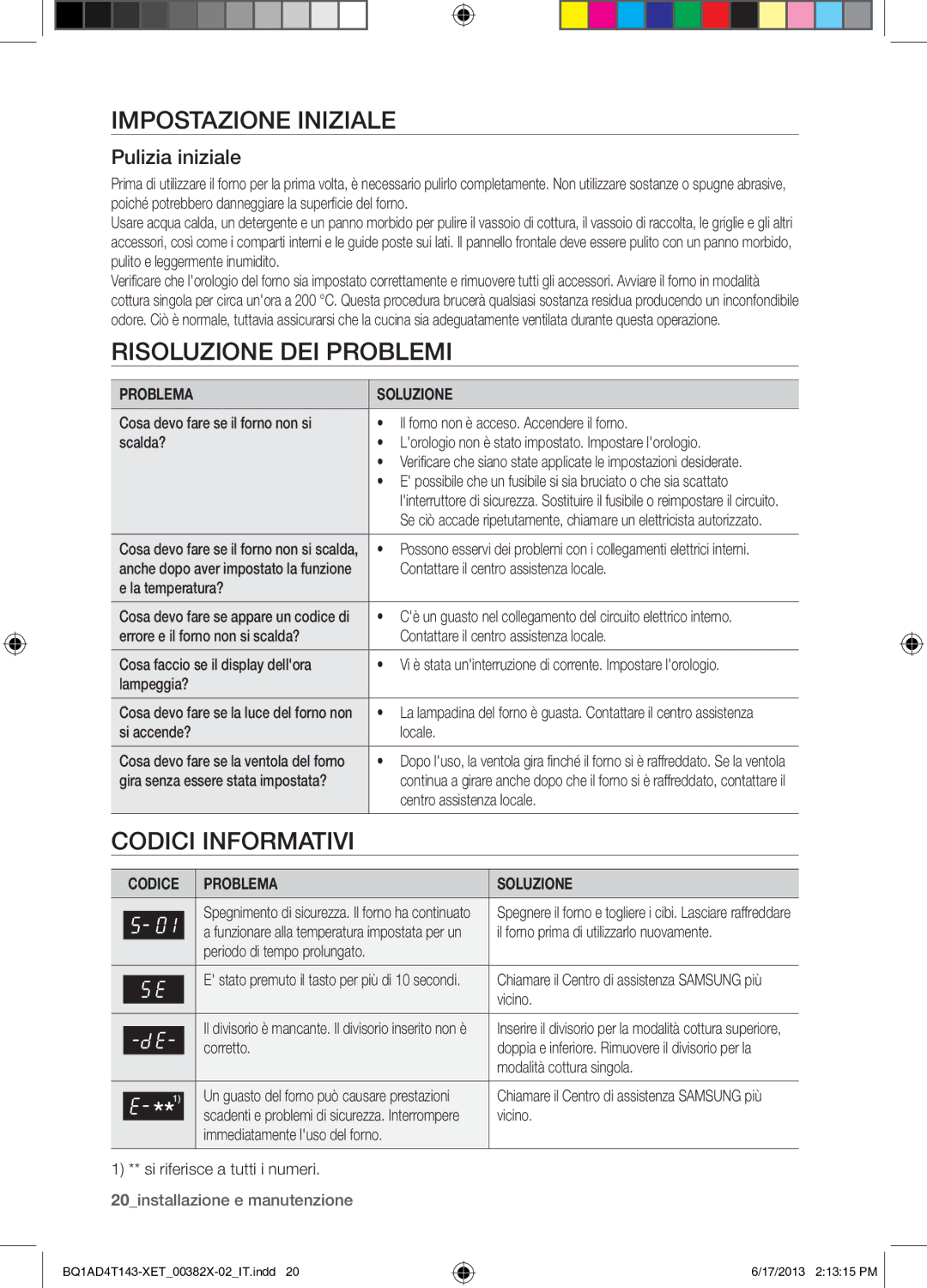 Samsung BQ1AD4T143/XET manual Impostazione Iniziale, Risoluzione DEI Problemi, Codici Informativi, Pulizia iniziale 