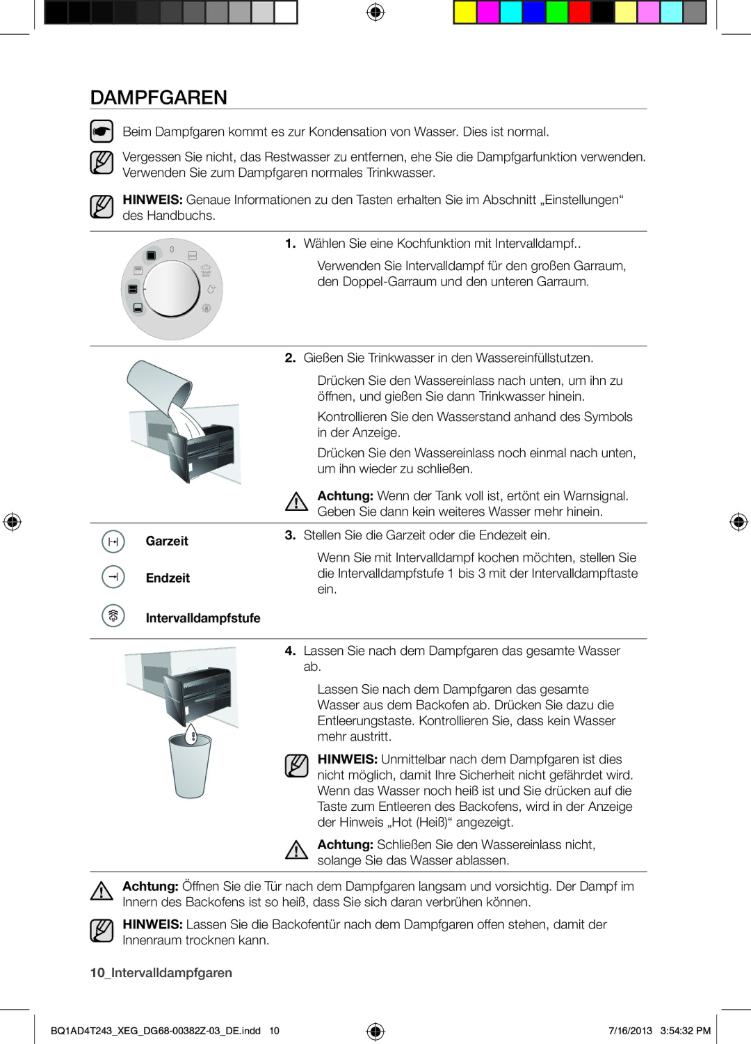 Samsung BQ1AD4T243/XEG manual Dampfgaren, Endzeit, Intervalldampfstufe, 10Intervalldampfgaren 